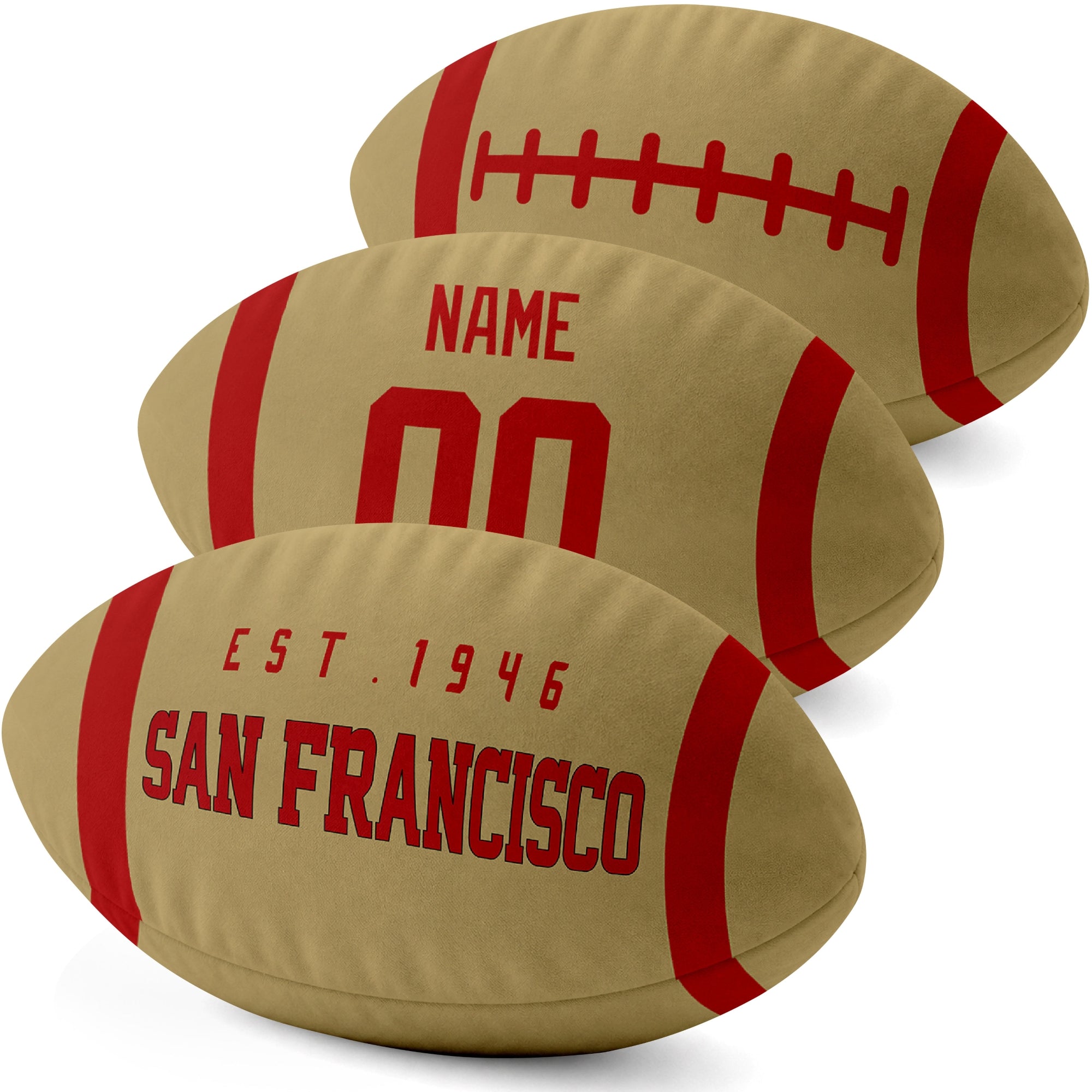 San Francisco personalized football pillow three color display highlighting the oval shape and contrasting end stripes