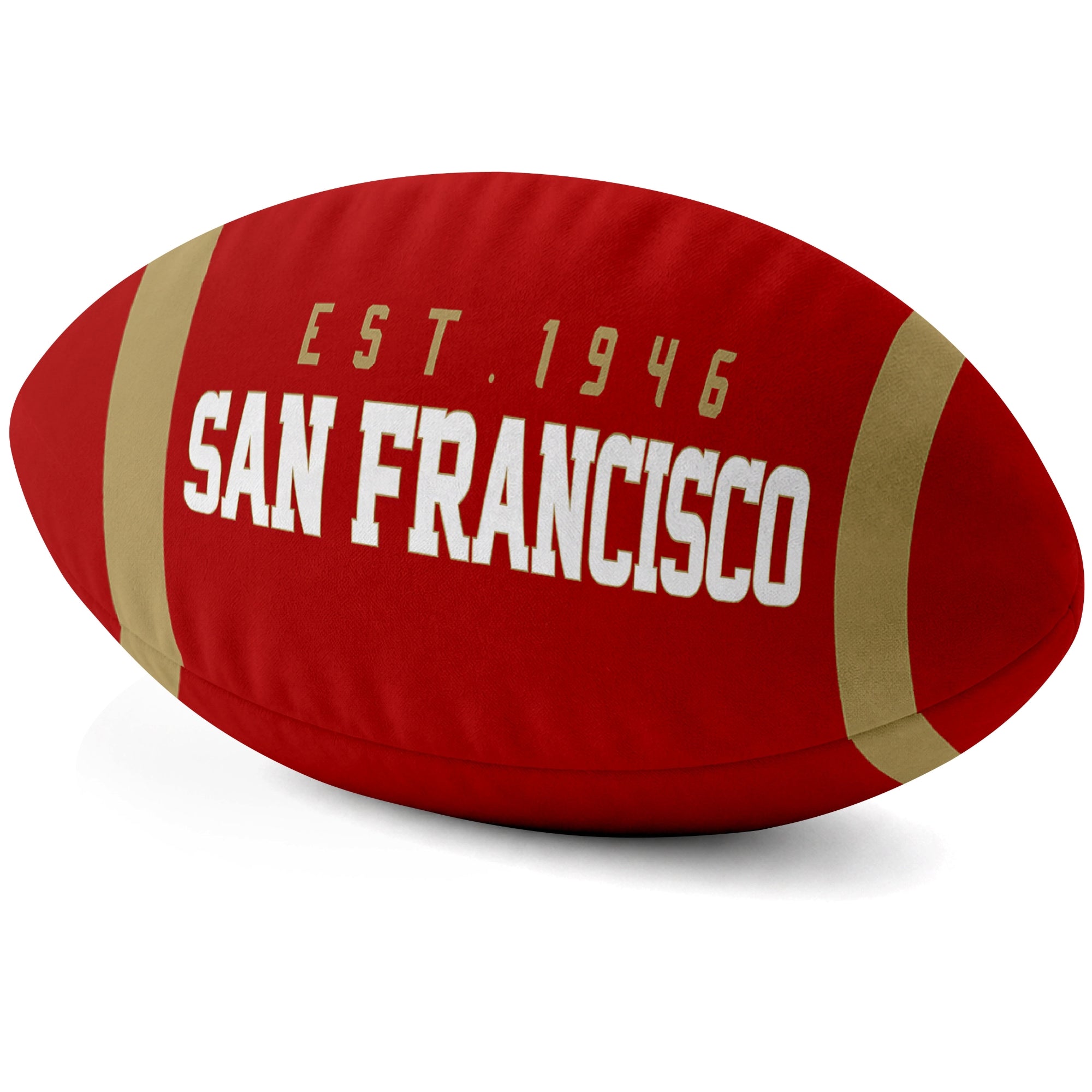 San Francisco Scarlet football shaped pillow city lettering side view