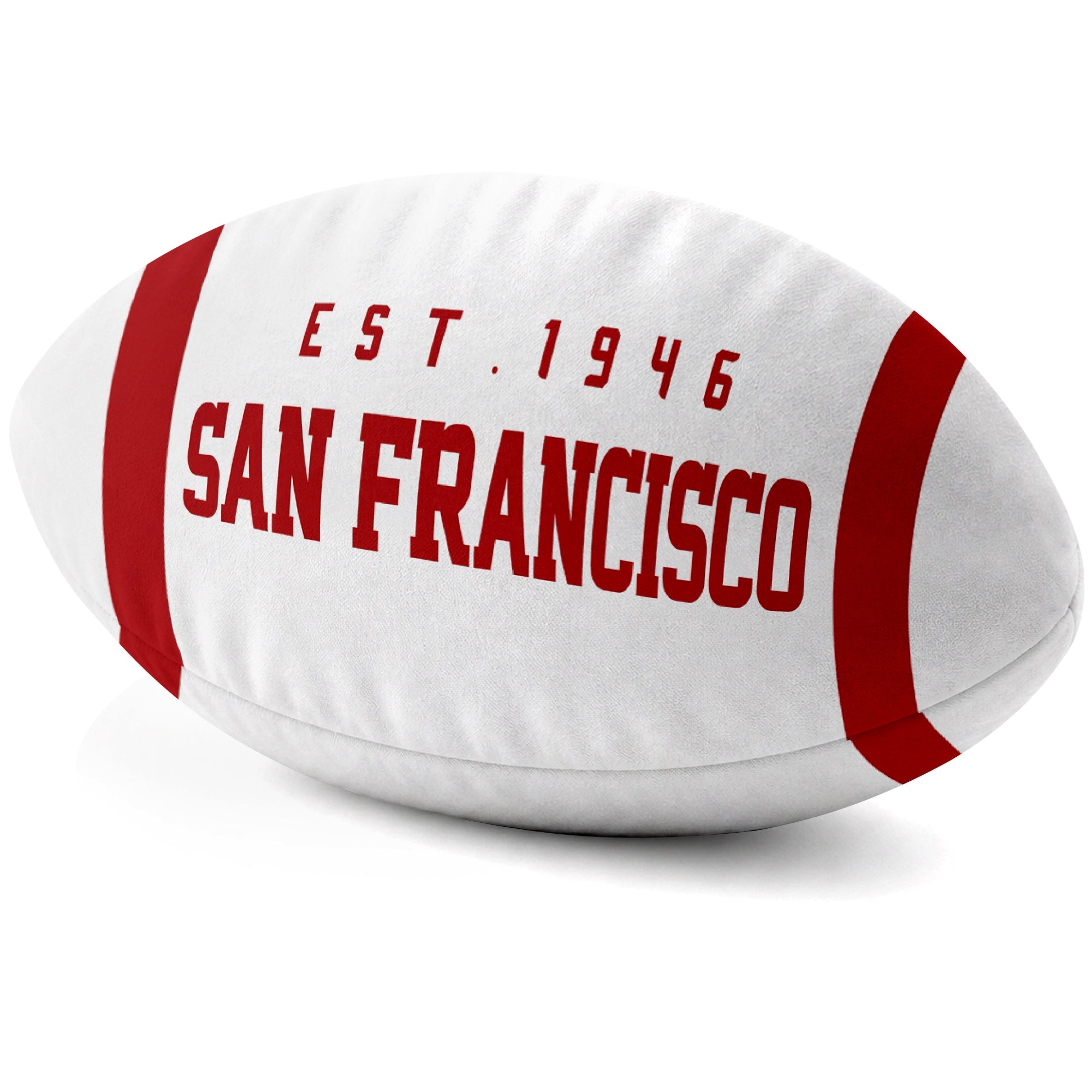 San Francisco White football shaped pillow city lettering side view