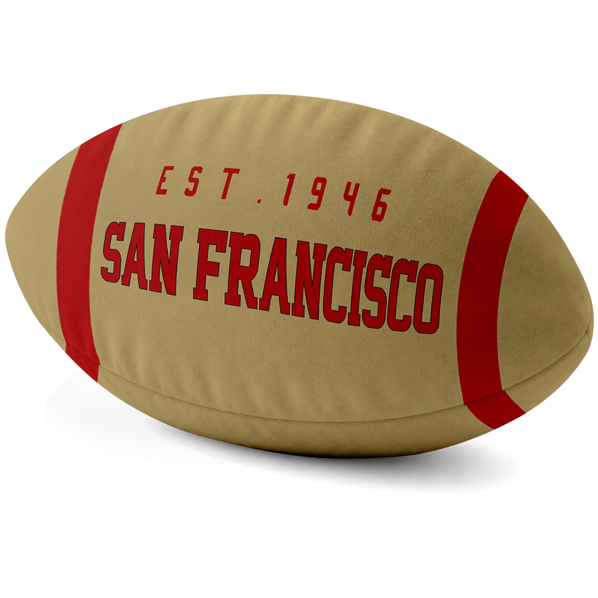 San Francisco Gold football shaped pillow city lettering side view
