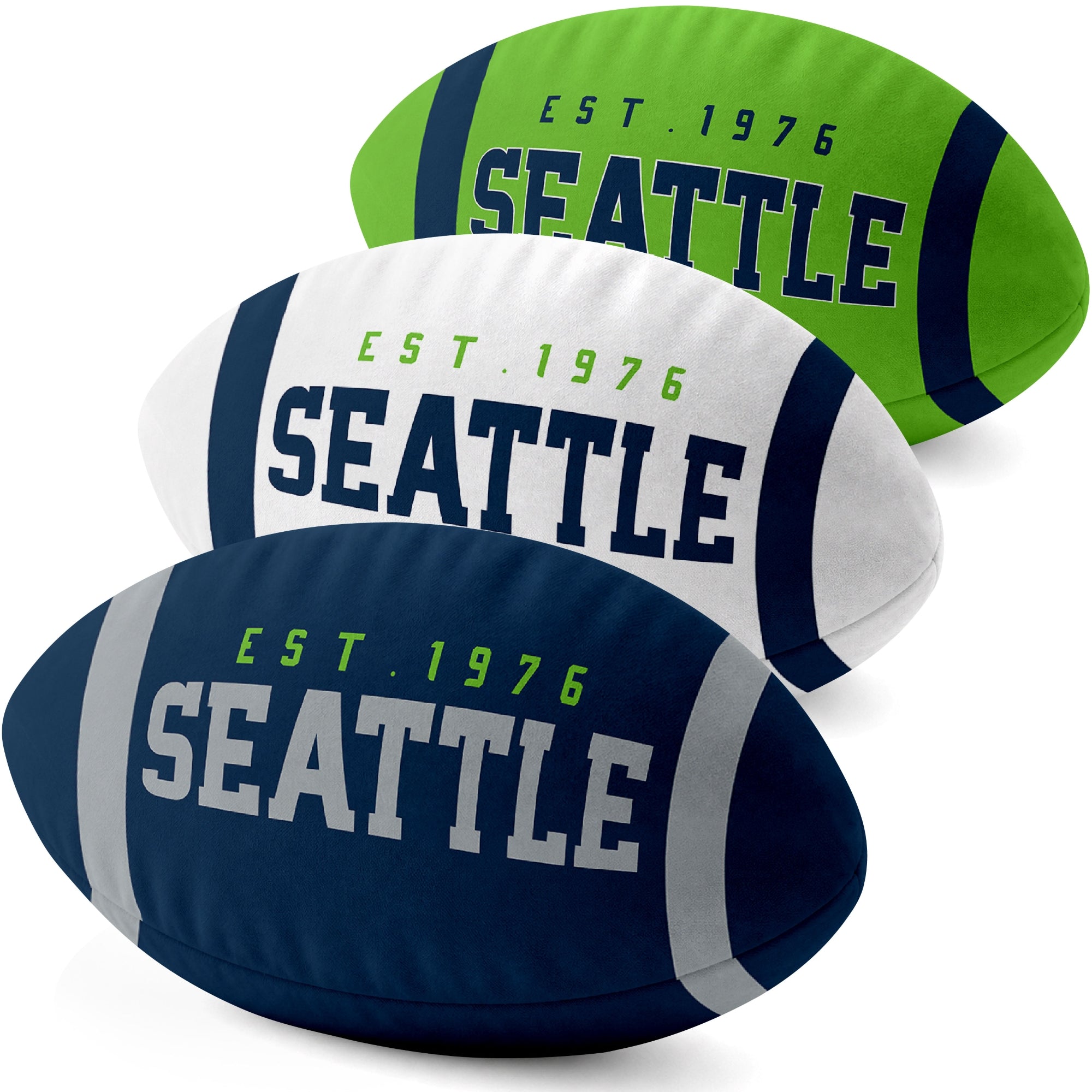 Seattle personalized football shaped pillow collection in Navy, White and Neon Green with city lettering