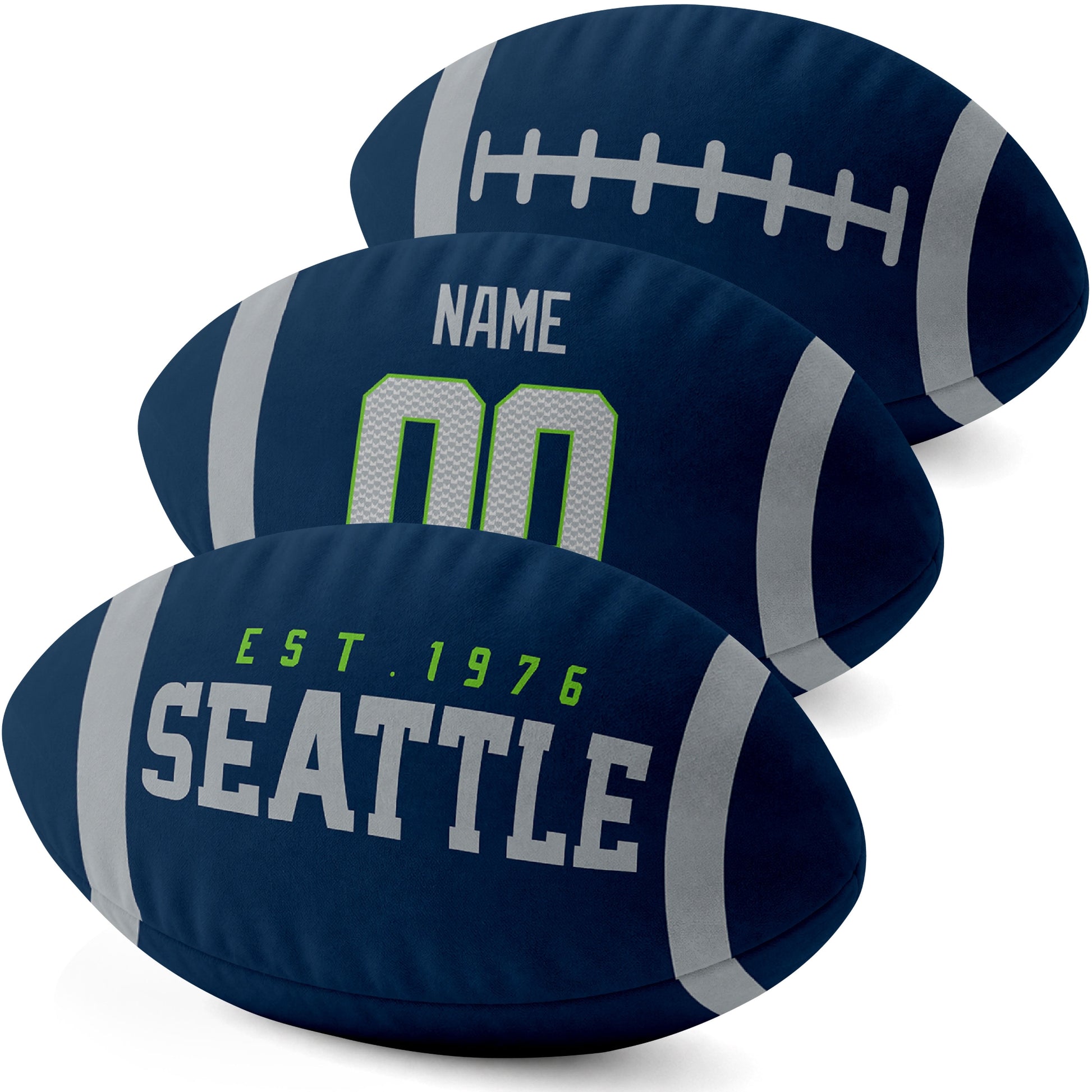 Seattle personalized football shaped pillow three color angle display with city side custom name number side and lace detail