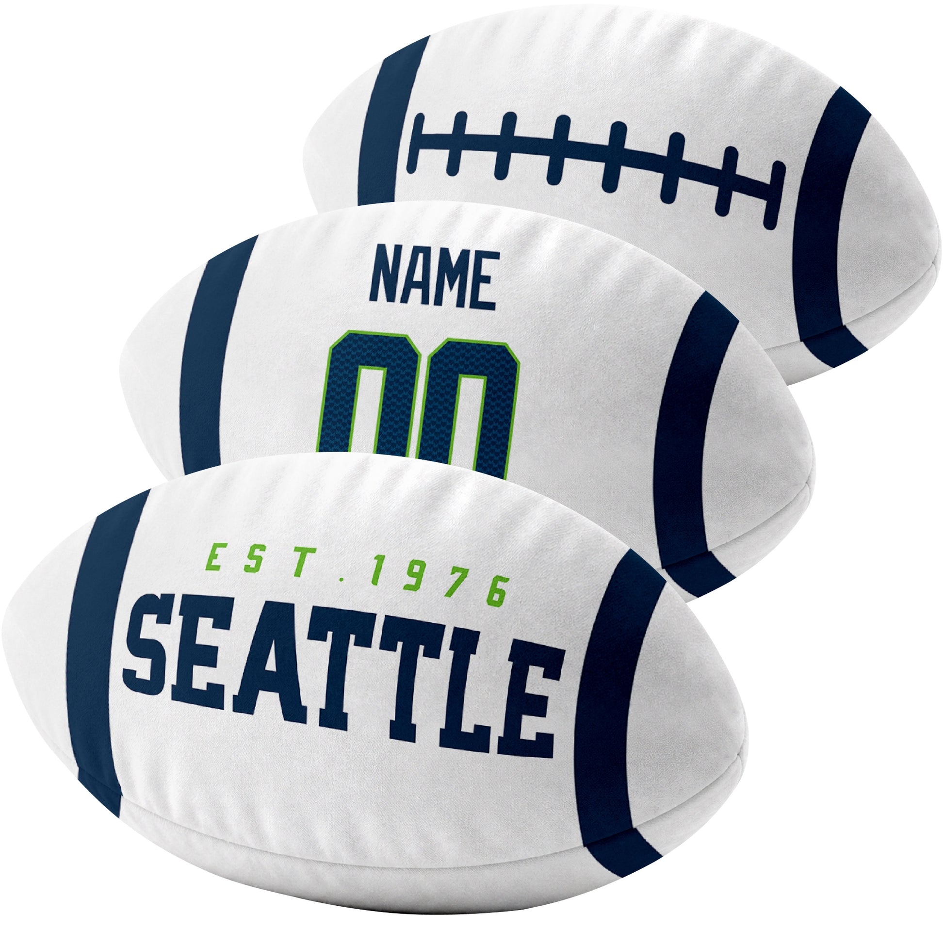 Seattle custom football pillow multi angle comparison in Navy, White and Neon Green
