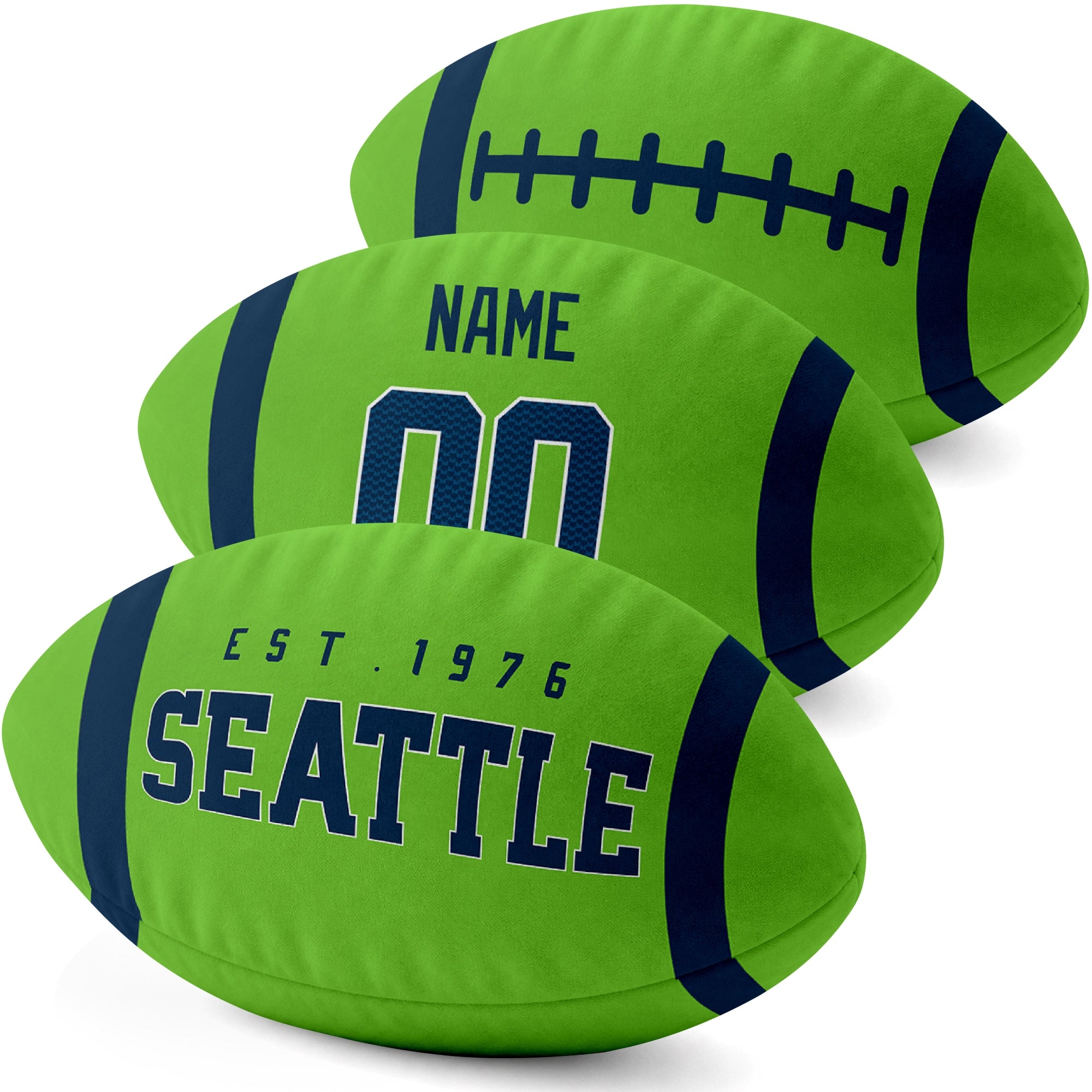 Seattle personalized football pillow three color display highlighting the oval shape and contrasting end stripes