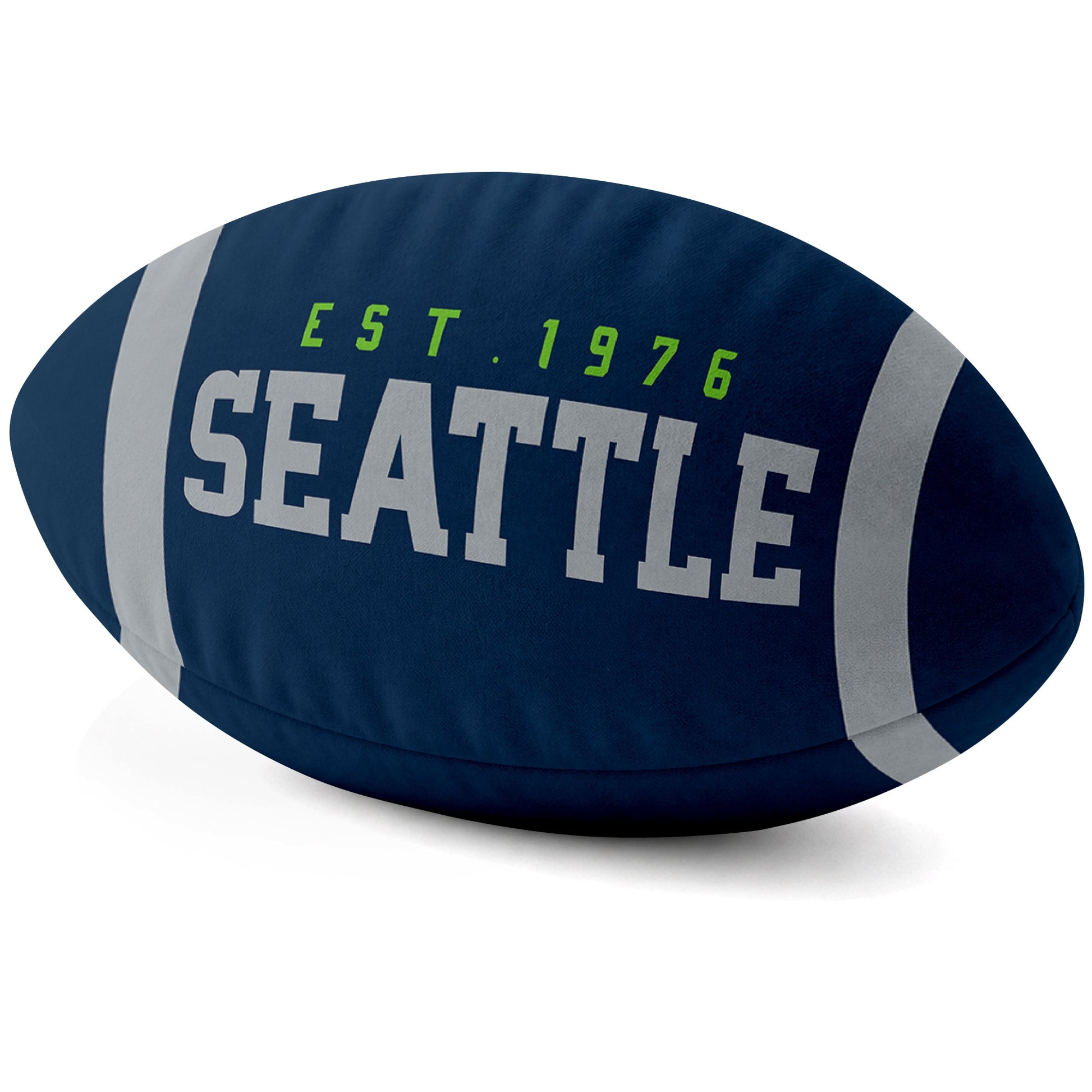 Seattle Navy football shaped pillow city lettering side view