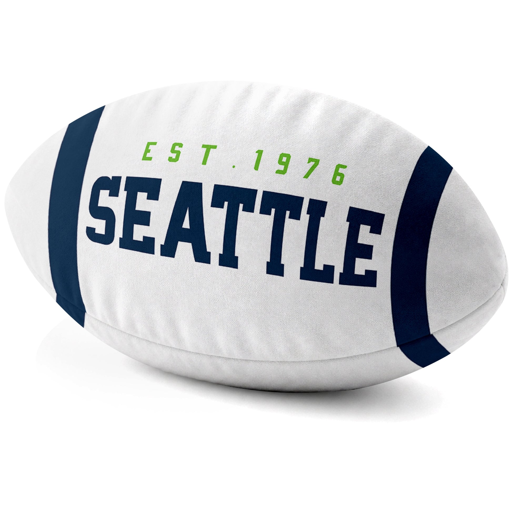 Seattle White football shaped pillow city lettering side view