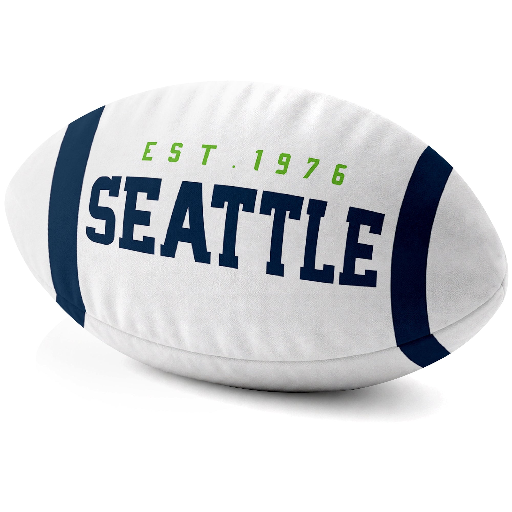Seattle White football shaped pillow city lettering side view