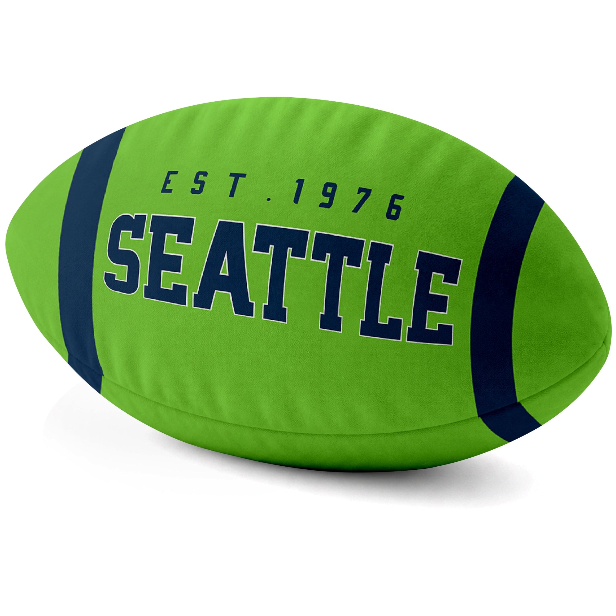Seattle Neon Green football shaped pillow city lettering side view
