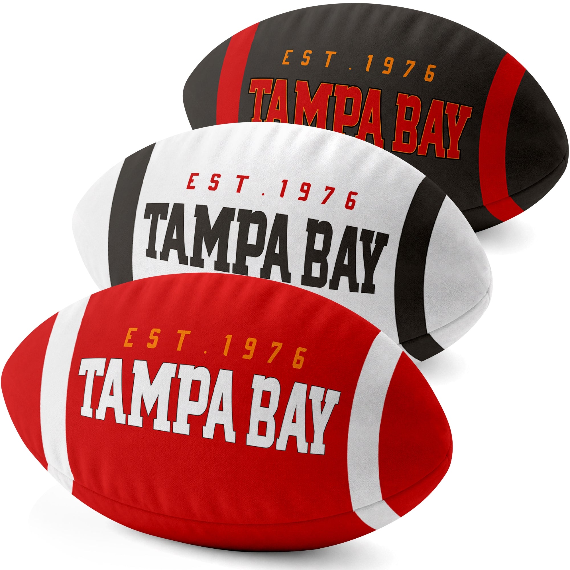 Tampa Bay personalized football shaped pillow collection in Red, White and Black with city lettering