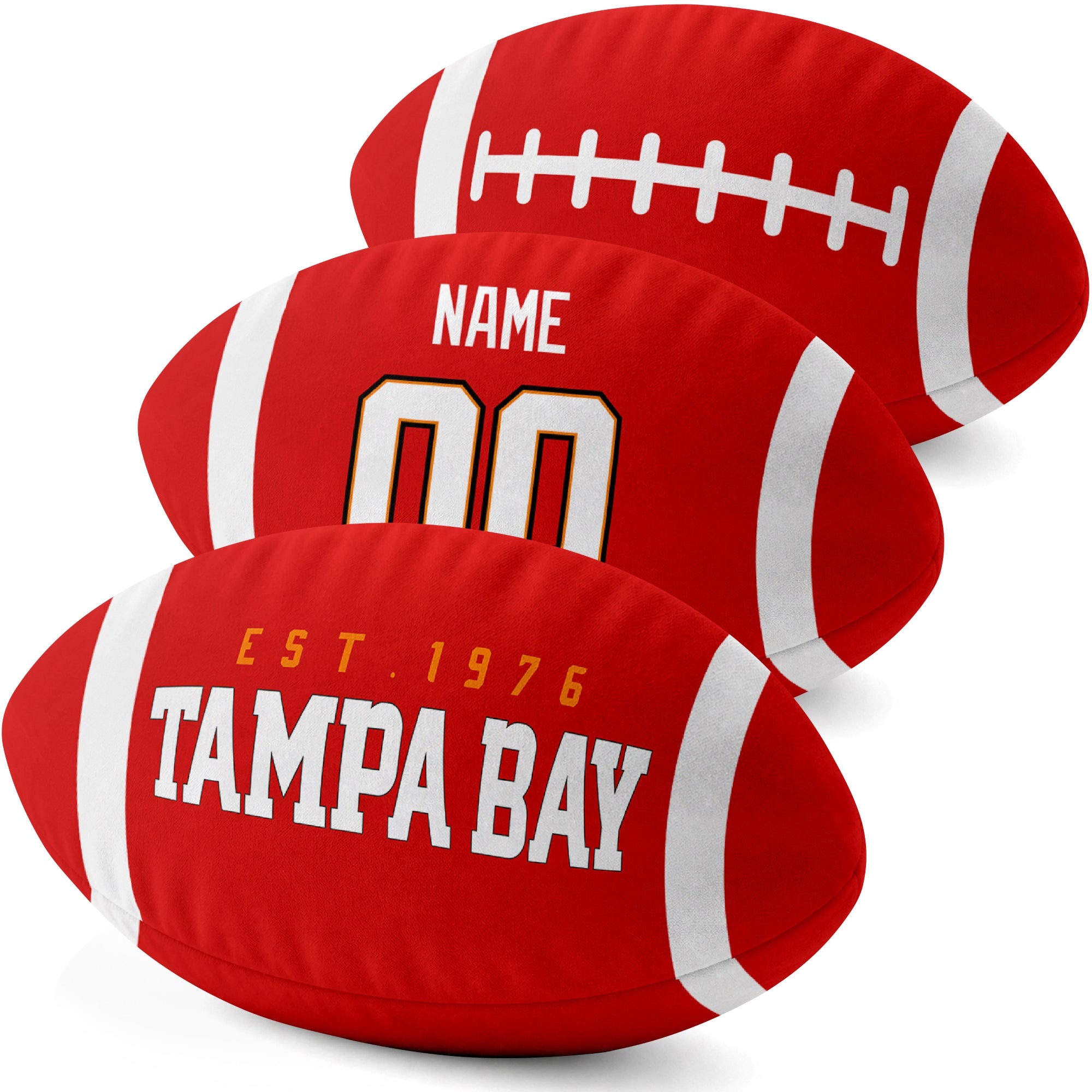 Tampa Bay personalized football shaped pillow three color angle display with city side custom name number side and lace detail