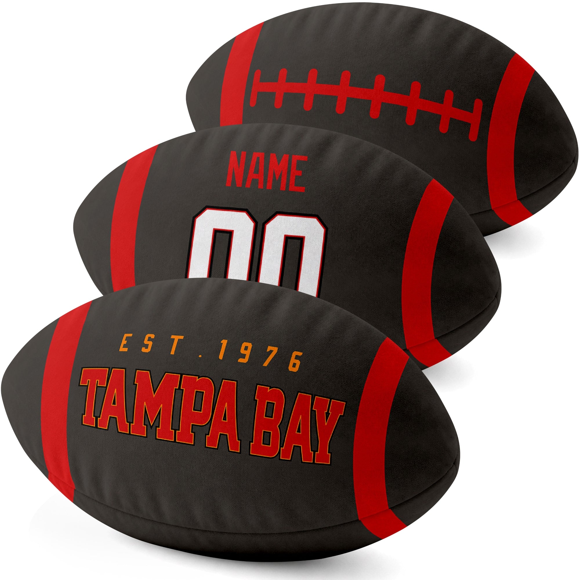 Tampa Bay personalized football pillow three color display highlighting the oval shape and contrasting end stripes