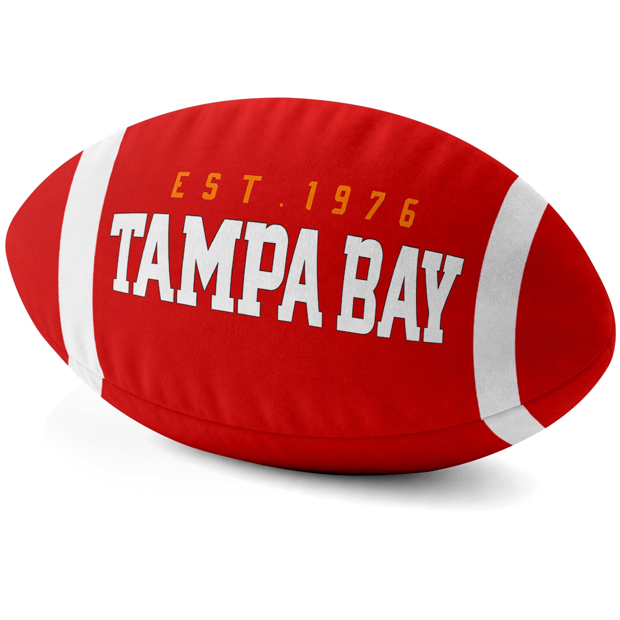 Tampa Bay Red football shaped pillow city lettering side view