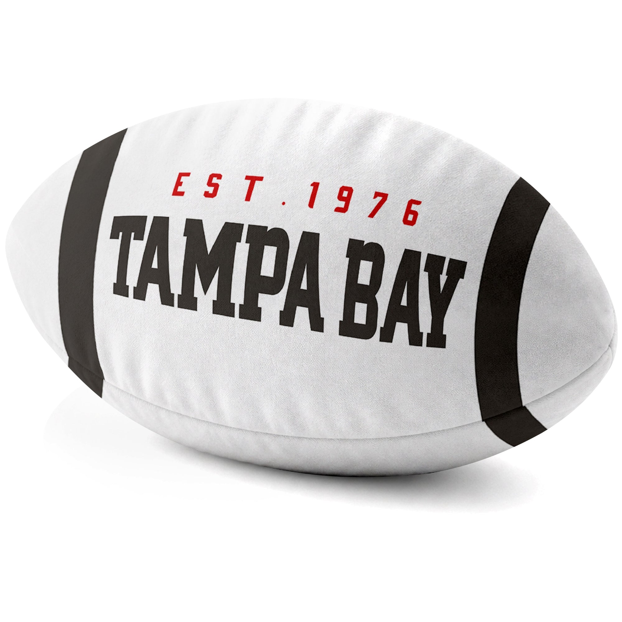 Tampa Bay White football shaped pillow city lettering side view