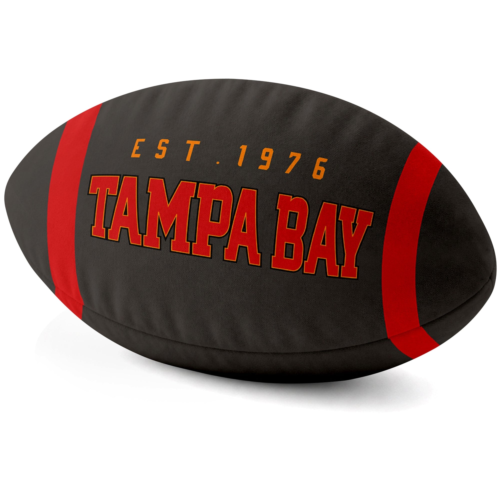 Tampa Bay Black football shaped pillow city lettering side view