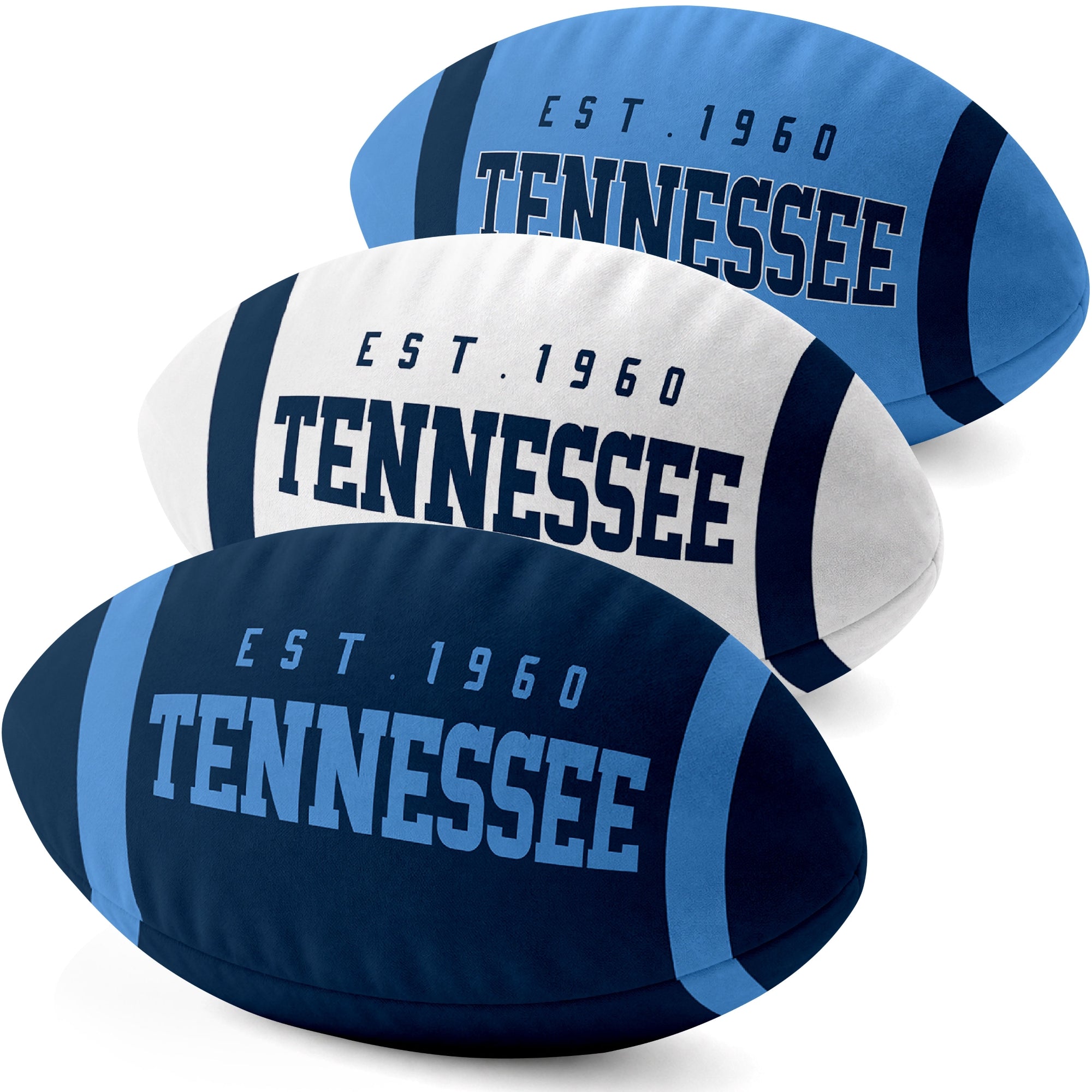Tennessee personalized football shaped pillow collection in Navy, White and Light Blue with city lettering