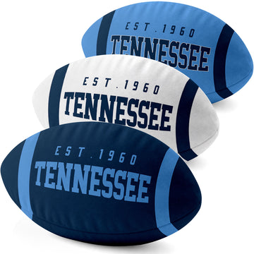 Tennessee personalized football shaped pillow collection in Navy, White and Light Blue with city lettering