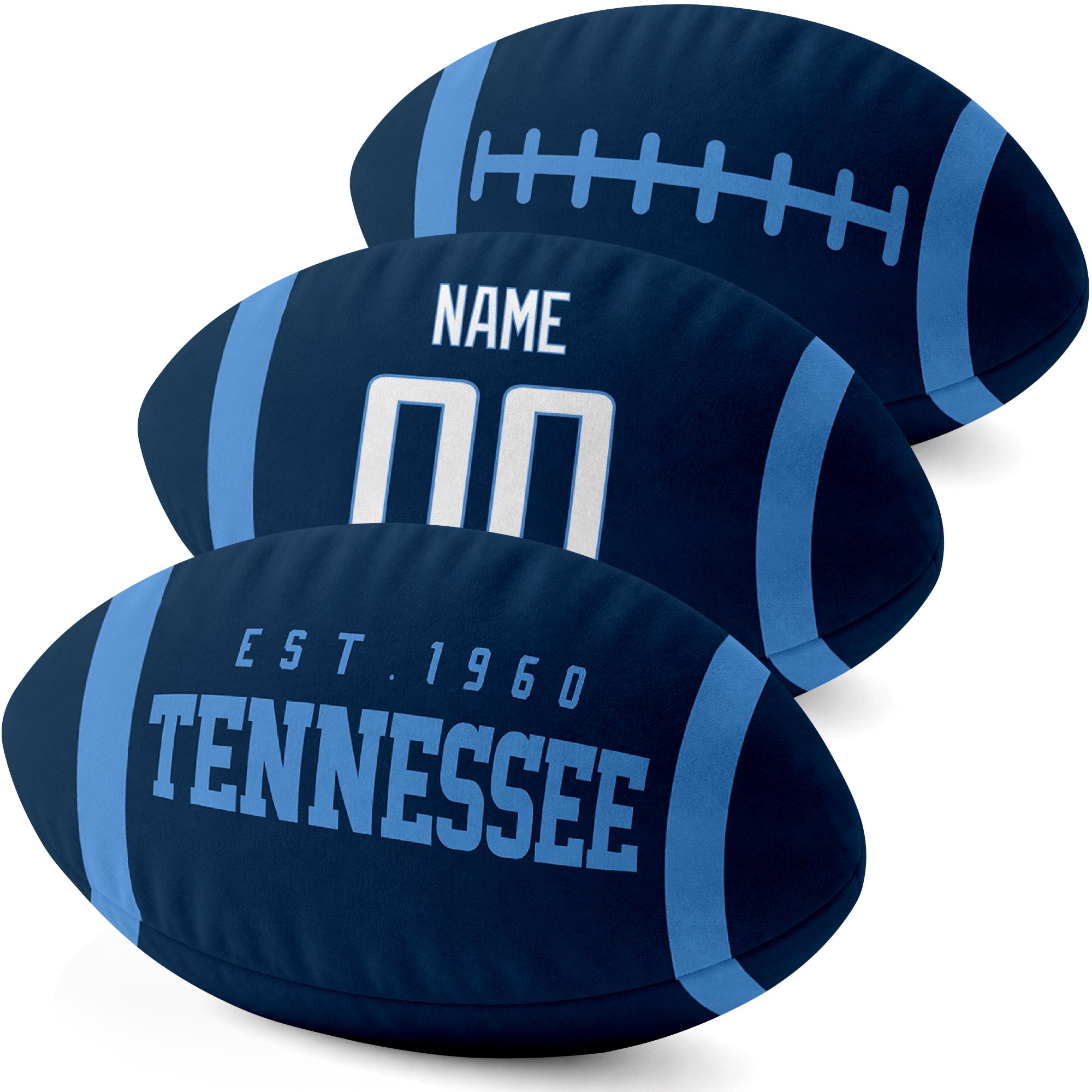 Tennessee personalized football shaped pillow three color angle display with city side custom name number side and lace detail