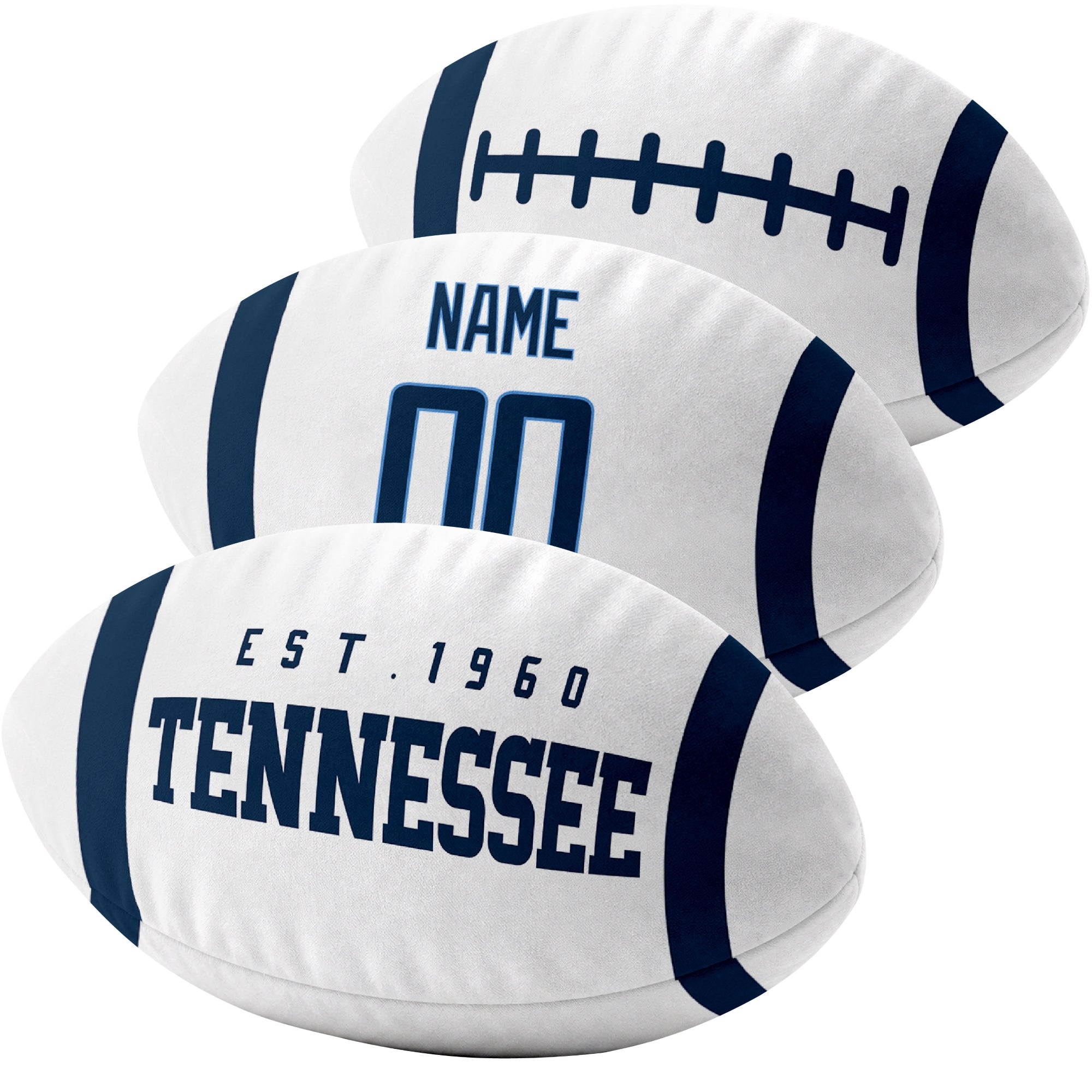 Tennessee custom football pillow multi angle comparison in Navy, White and Light Blue