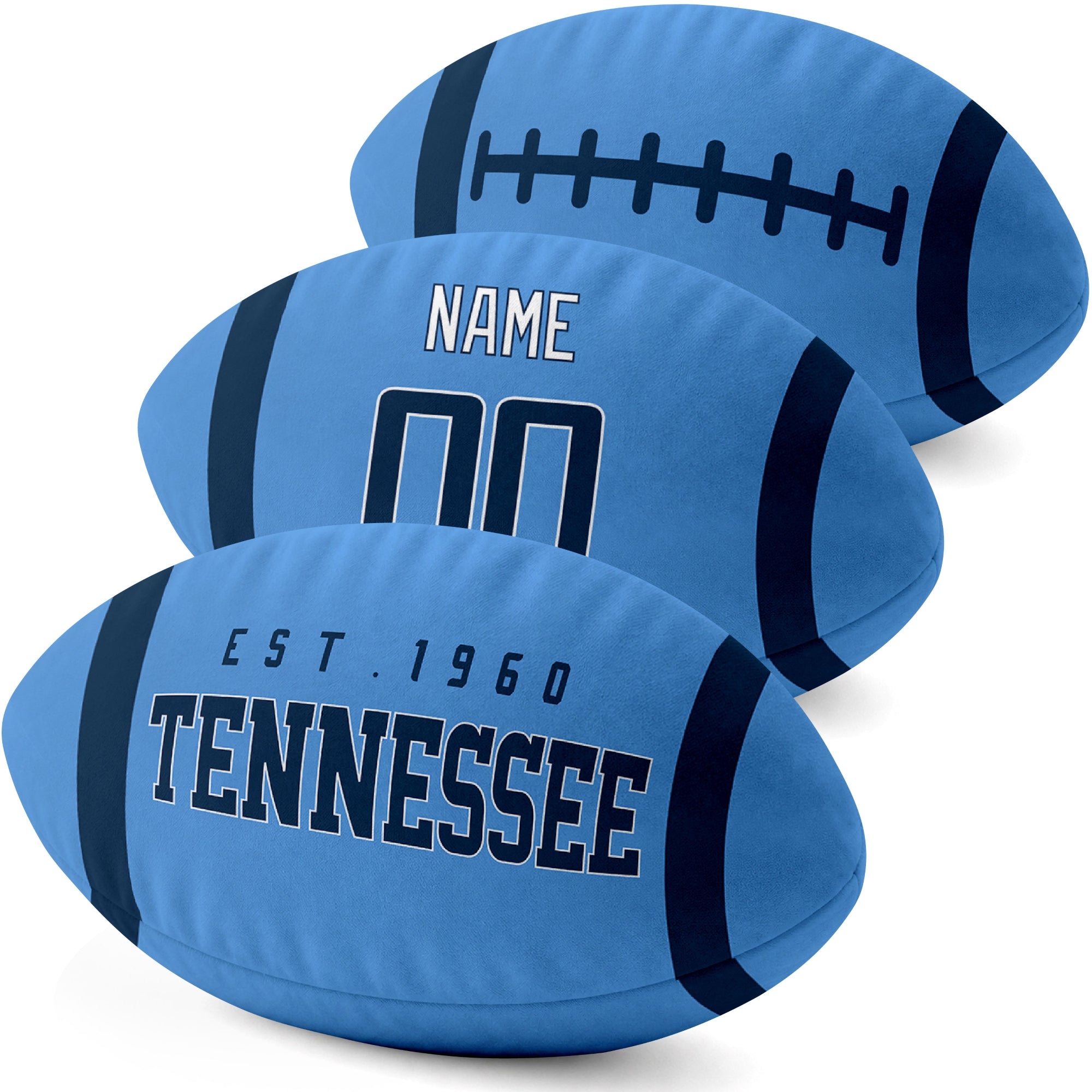 Tennessee personalized football pillow three color display highlighting the oval shape and contrasting end stripes