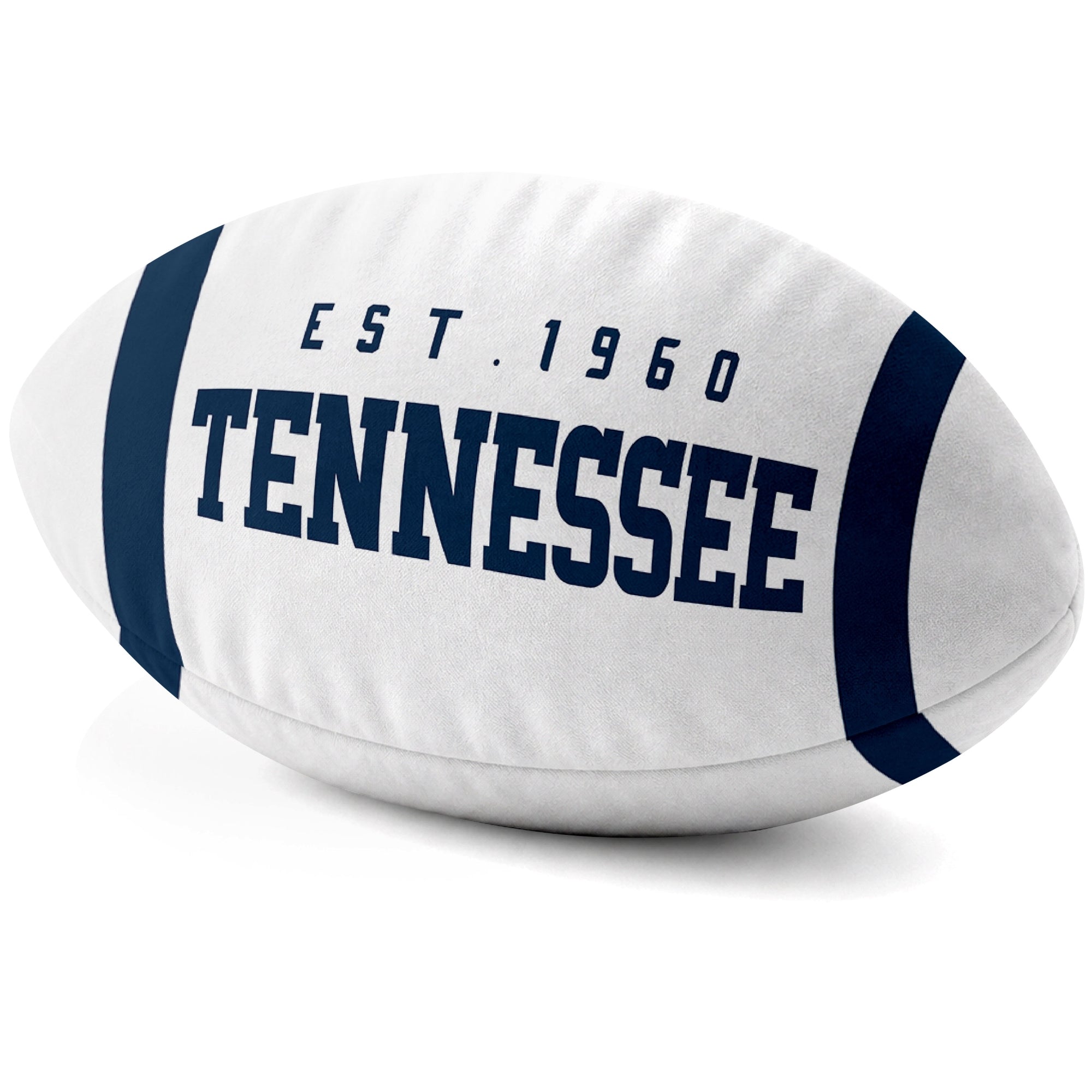 Tennessee White football shaped pillow city lettering side view