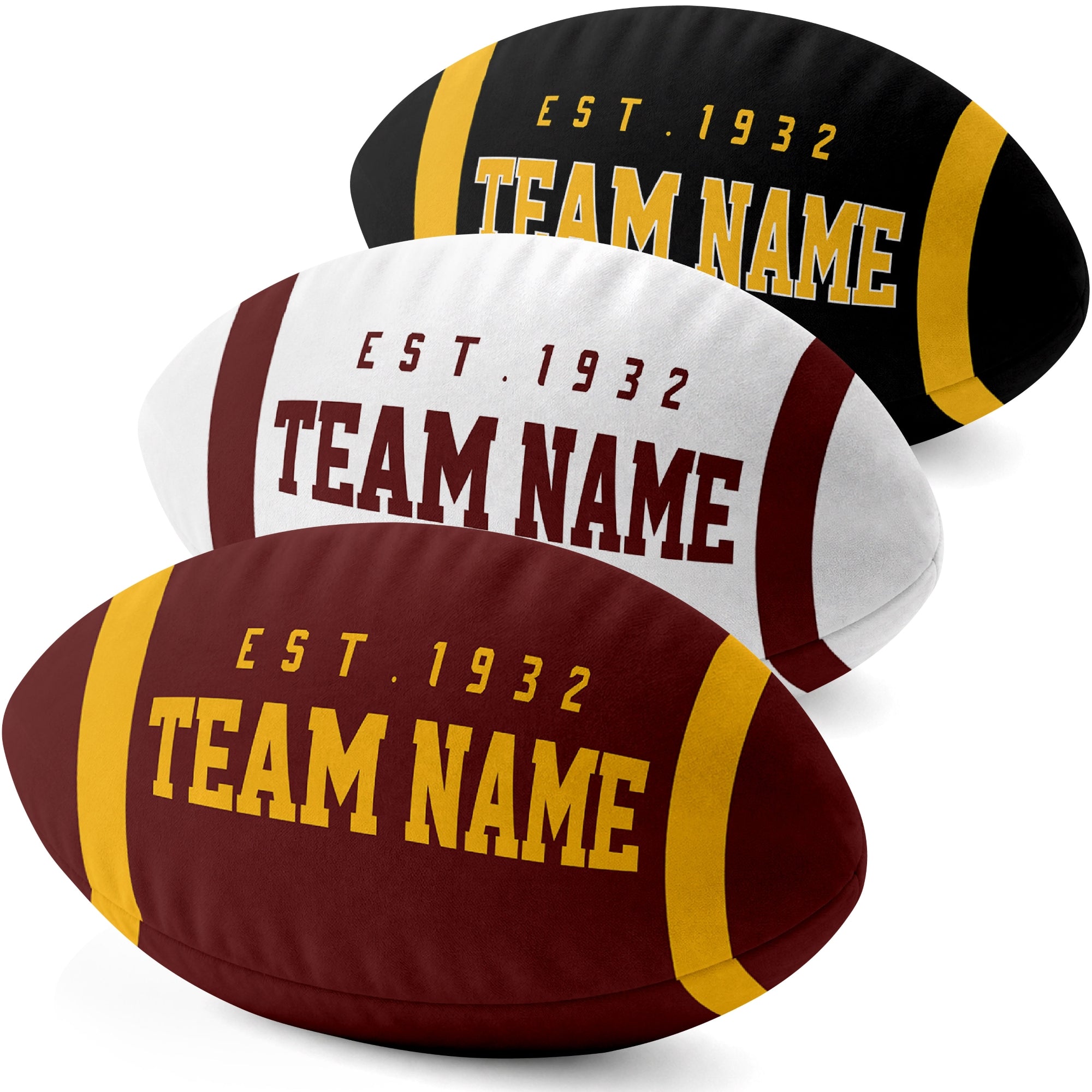Washington personalized football shaped pillow collection in Burgundy, White and Black with city lettering
