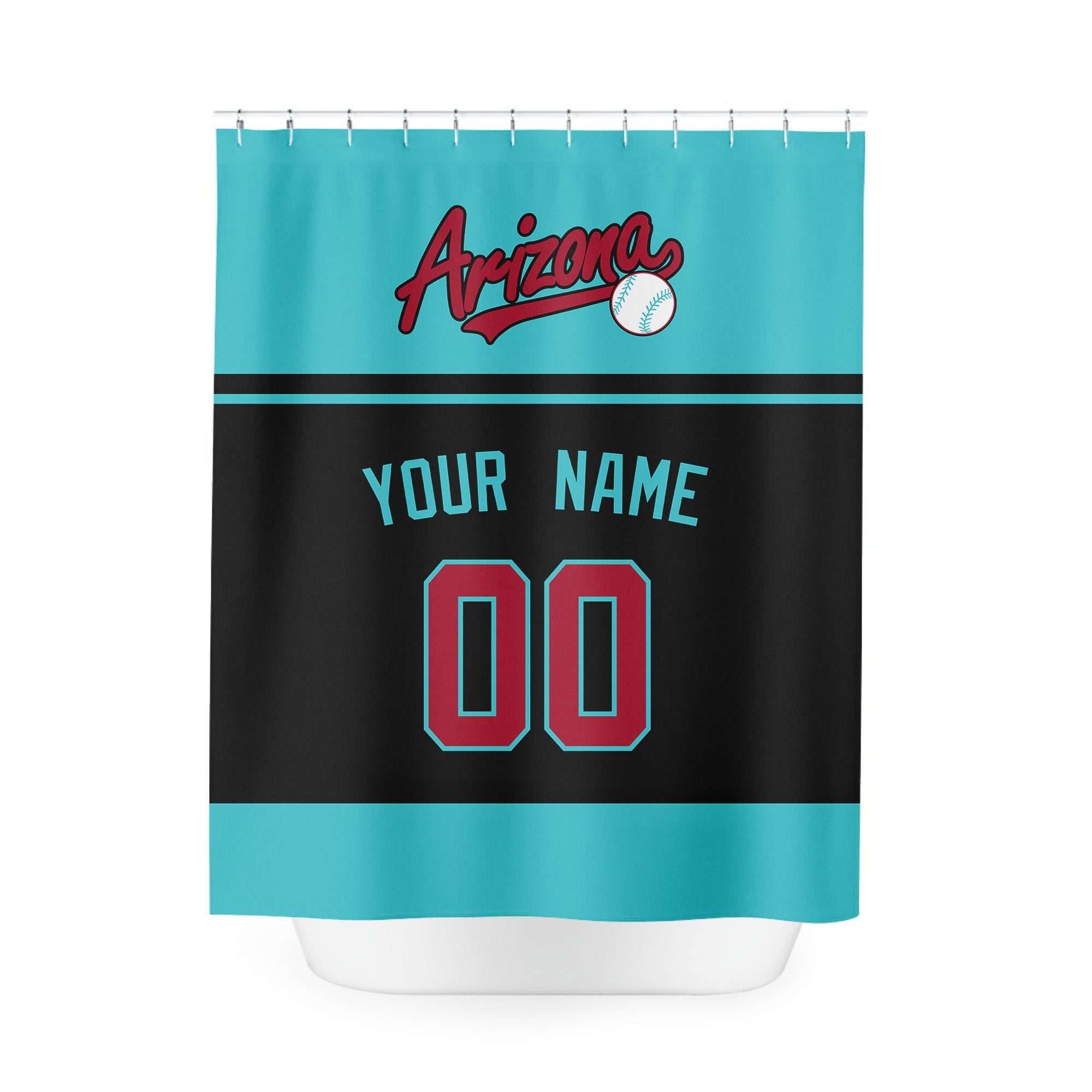 Personalized Arizona baseball shower curtain in teal black and red with custom name and number on white background