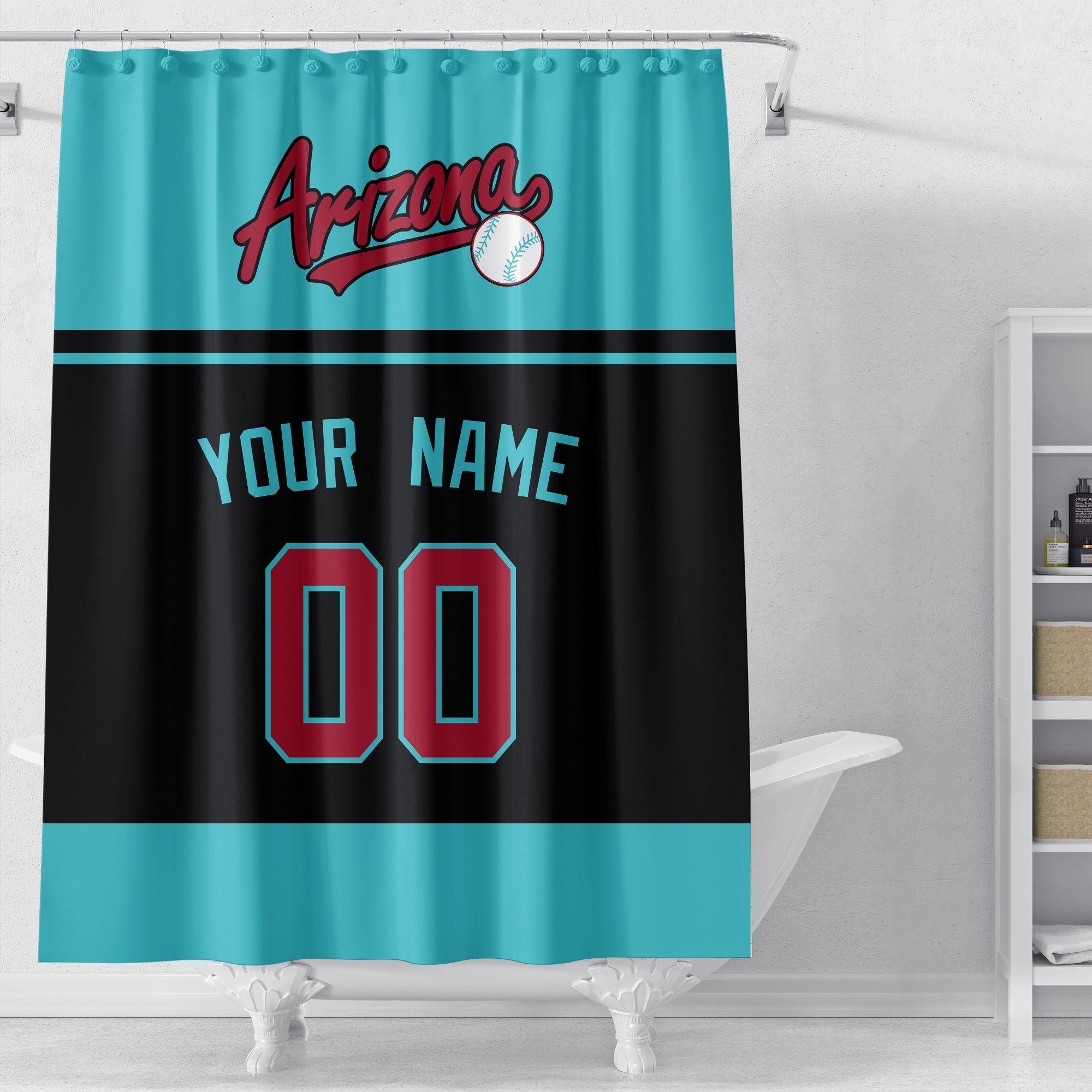 Personalized Arizona baseball shower curtain in teal black and red displayed above a bathtub in a bright bathroom
