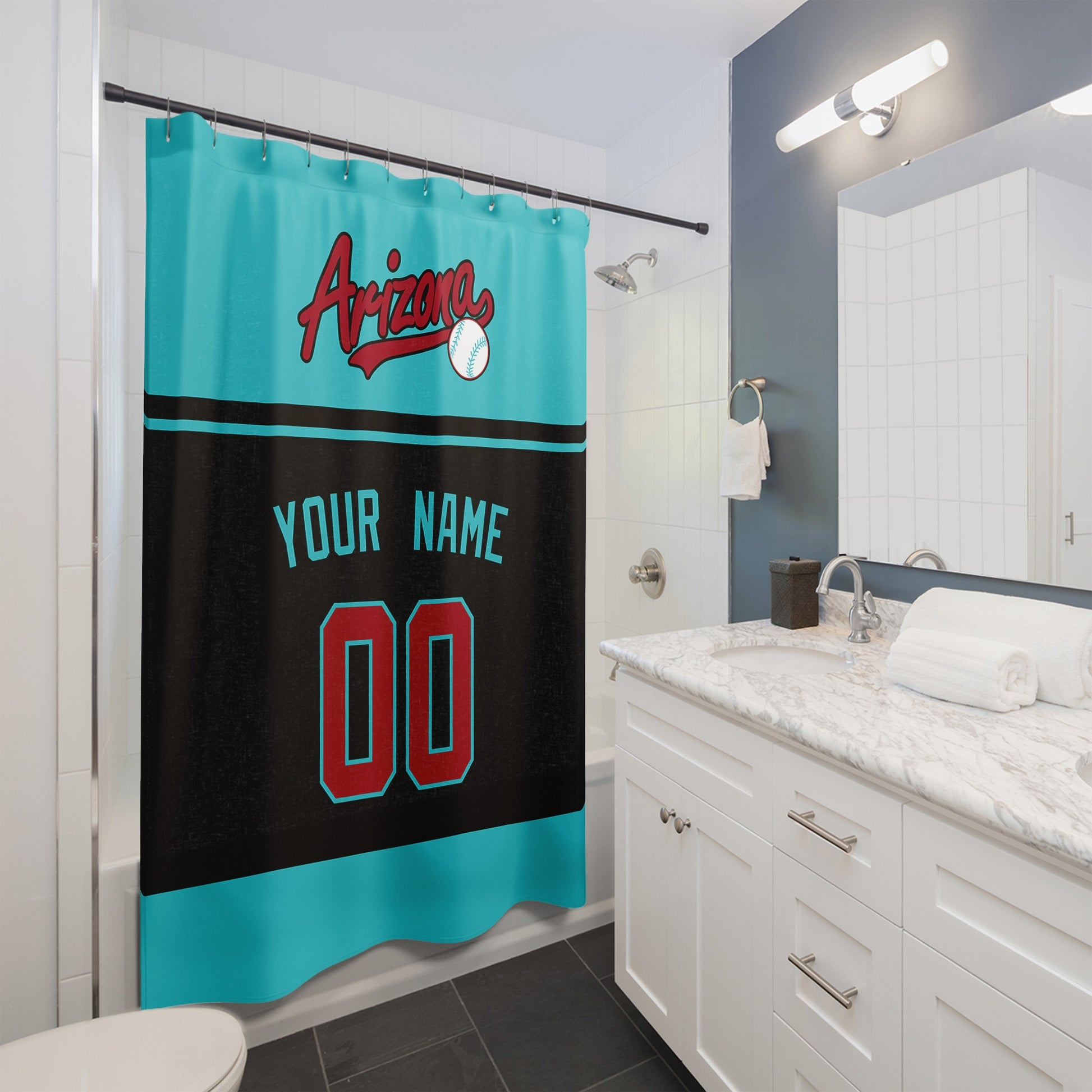 Personalized Arizona baseball shower curtain in teal black and red hanging in a modern bathroom with custom name and number