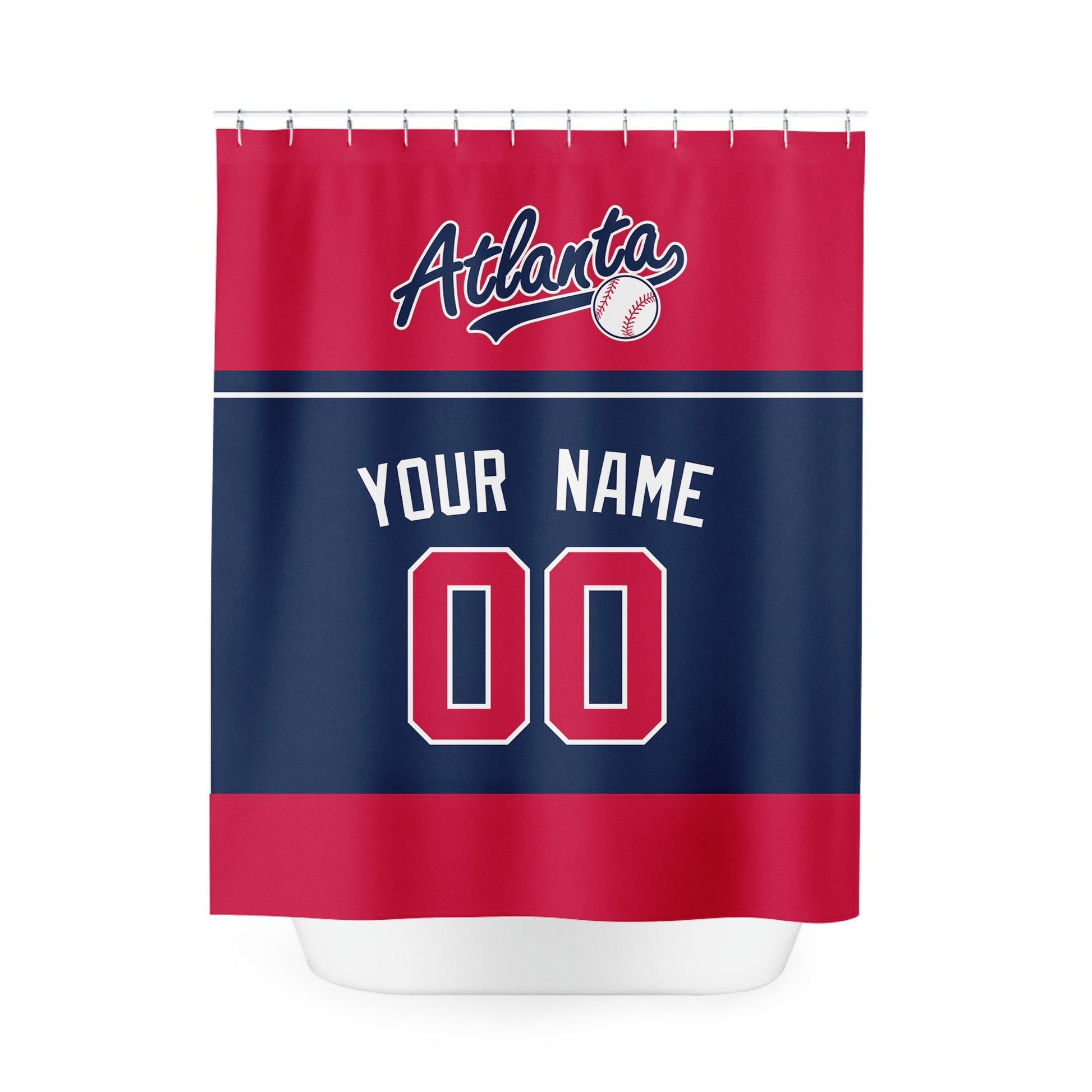 Personalized Atlanta baseball shower curtain in red navy and white with custom name and number on white background