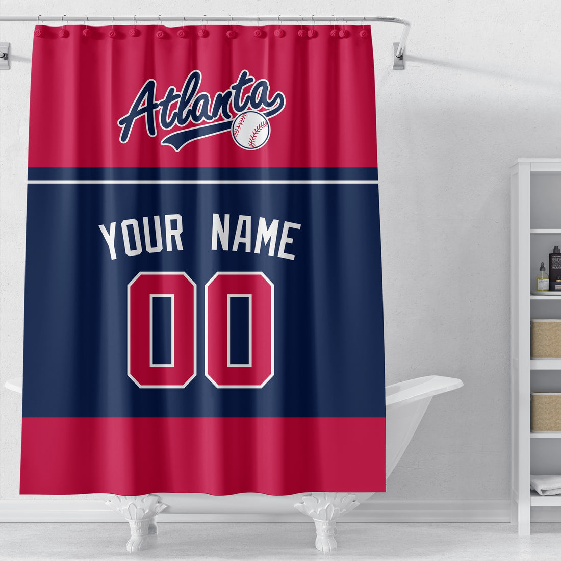 Personalized Atlanta baseball shower curtain in red navy and white with custom name and number on white background