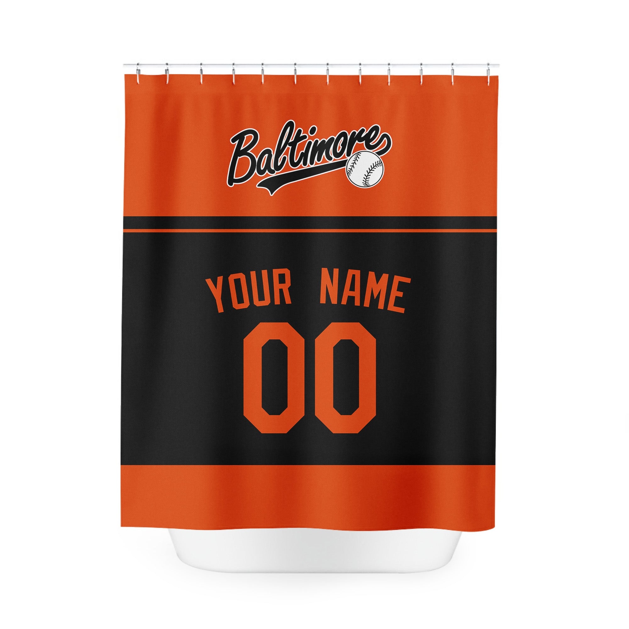 Personalized Baltimore baseball shower curtain in orange and black with custom name and number on white background
