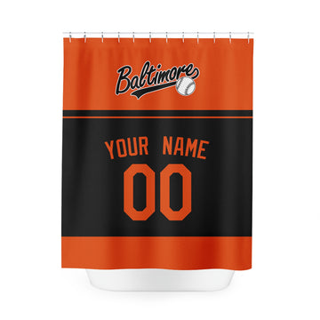 Personalized Baltimore baseball shower curtain in orange and black with custom name and number on white background