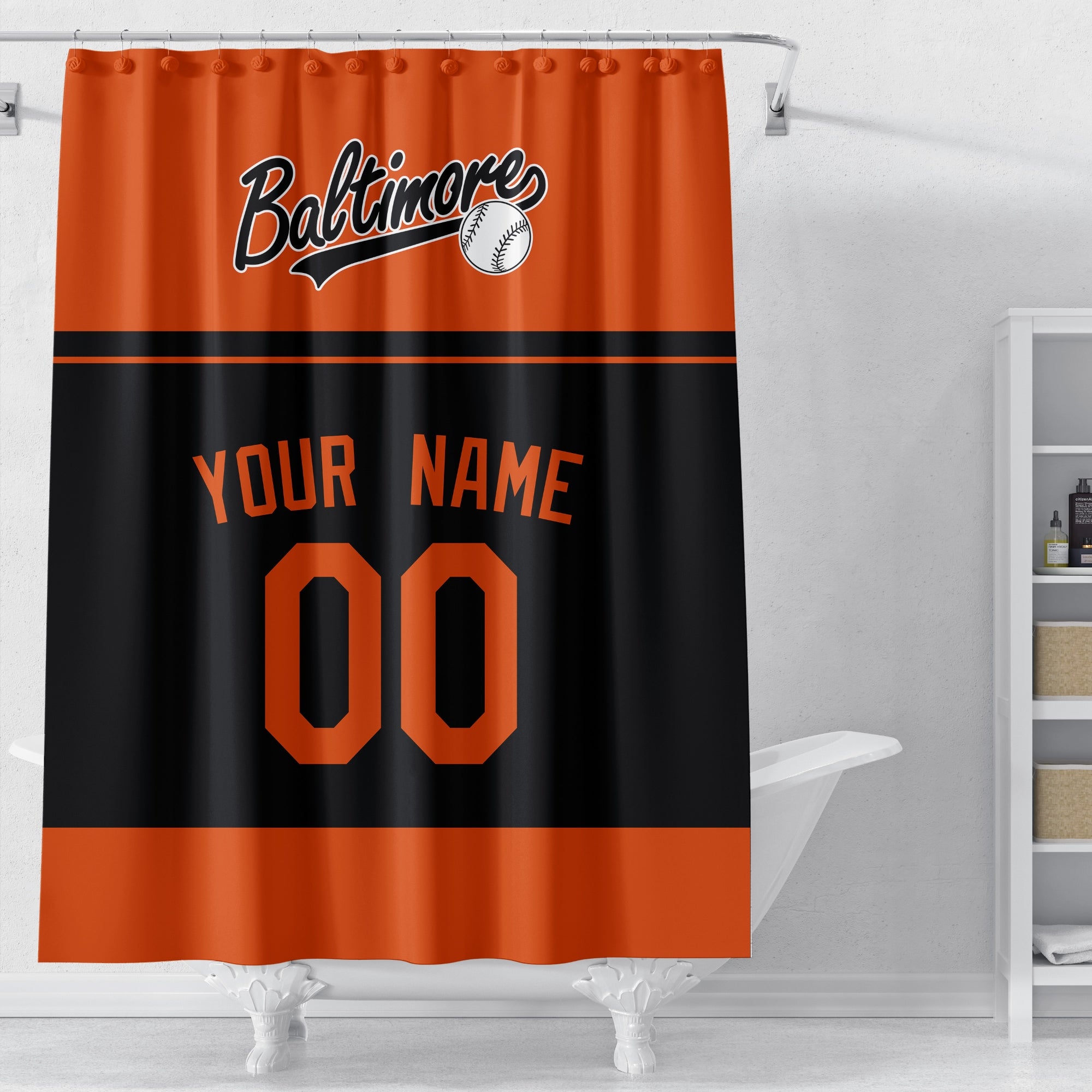 Personalized Baltimore baseball shower curtain in orange and black displayed above a bathtub in a bright bathroom