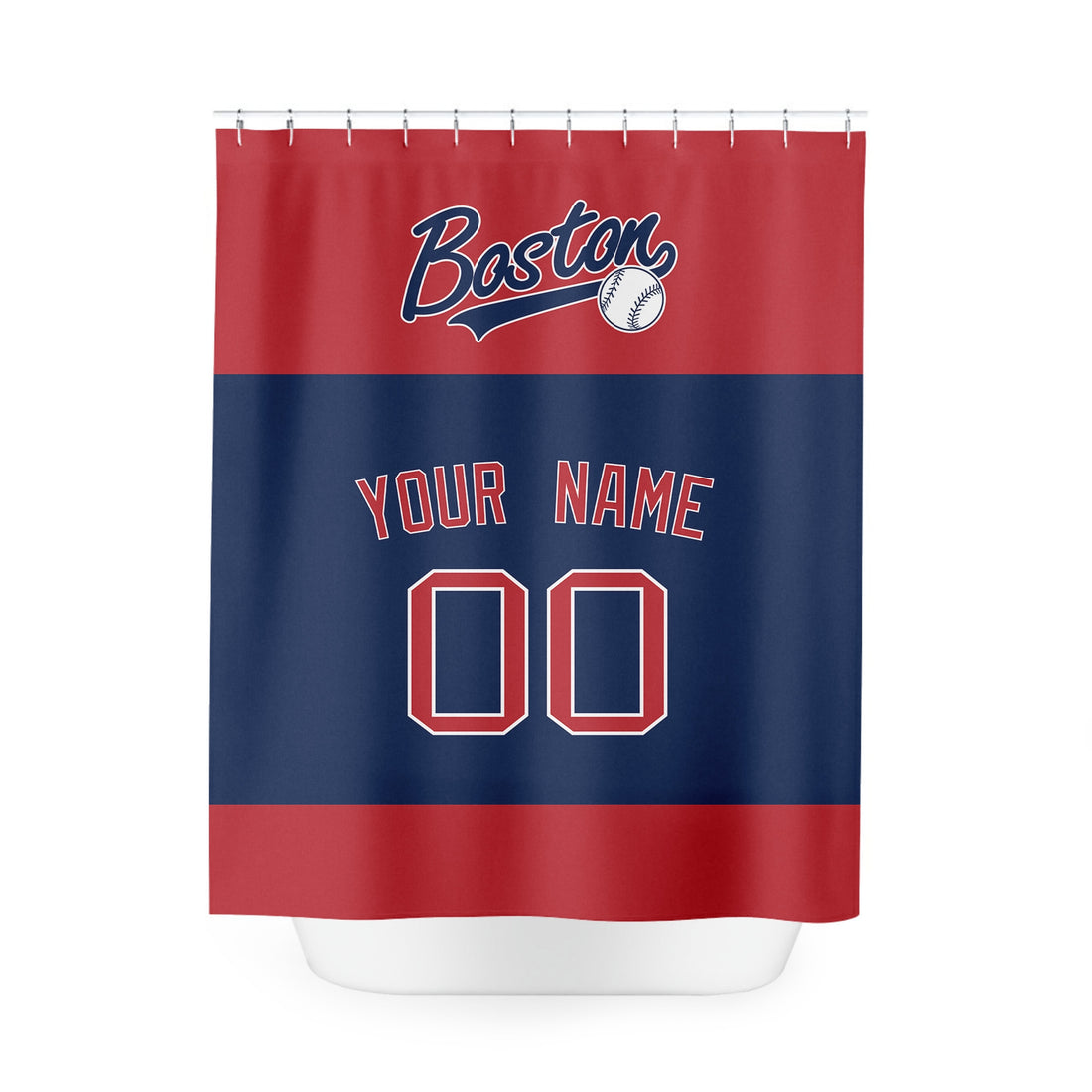 Personalized Boston baseball shower curtain in red navy and white with custom name and number on white background