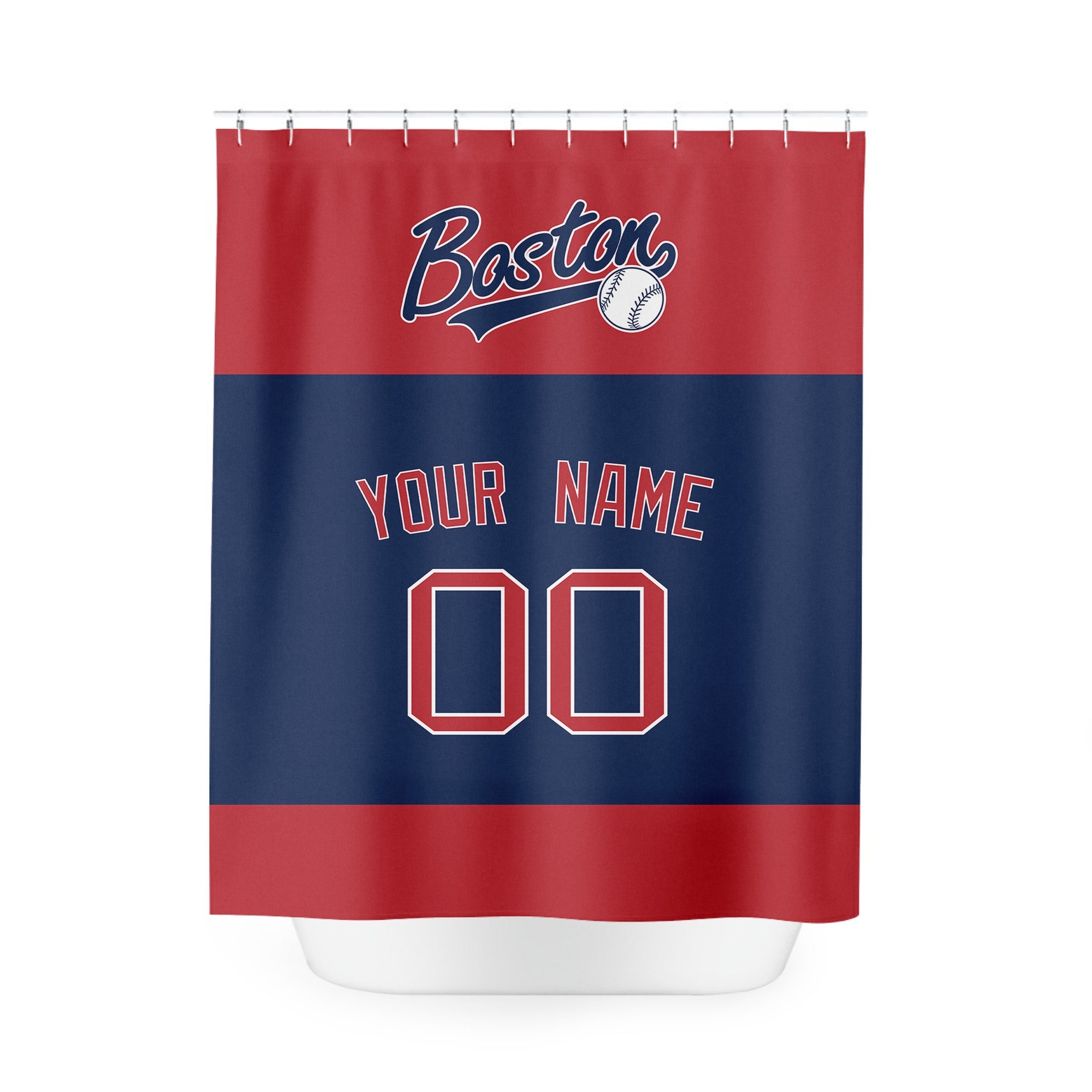 Personalized Boston baseball shower curtain in red navy and white with custom name and number on white background