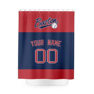 Personalized Boston baseball shower curtain in red navy and white with custom name and number on white background