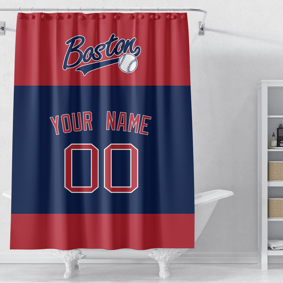 Personalized Boston baseball shower curtain in red navy and white with custom name and number on white background