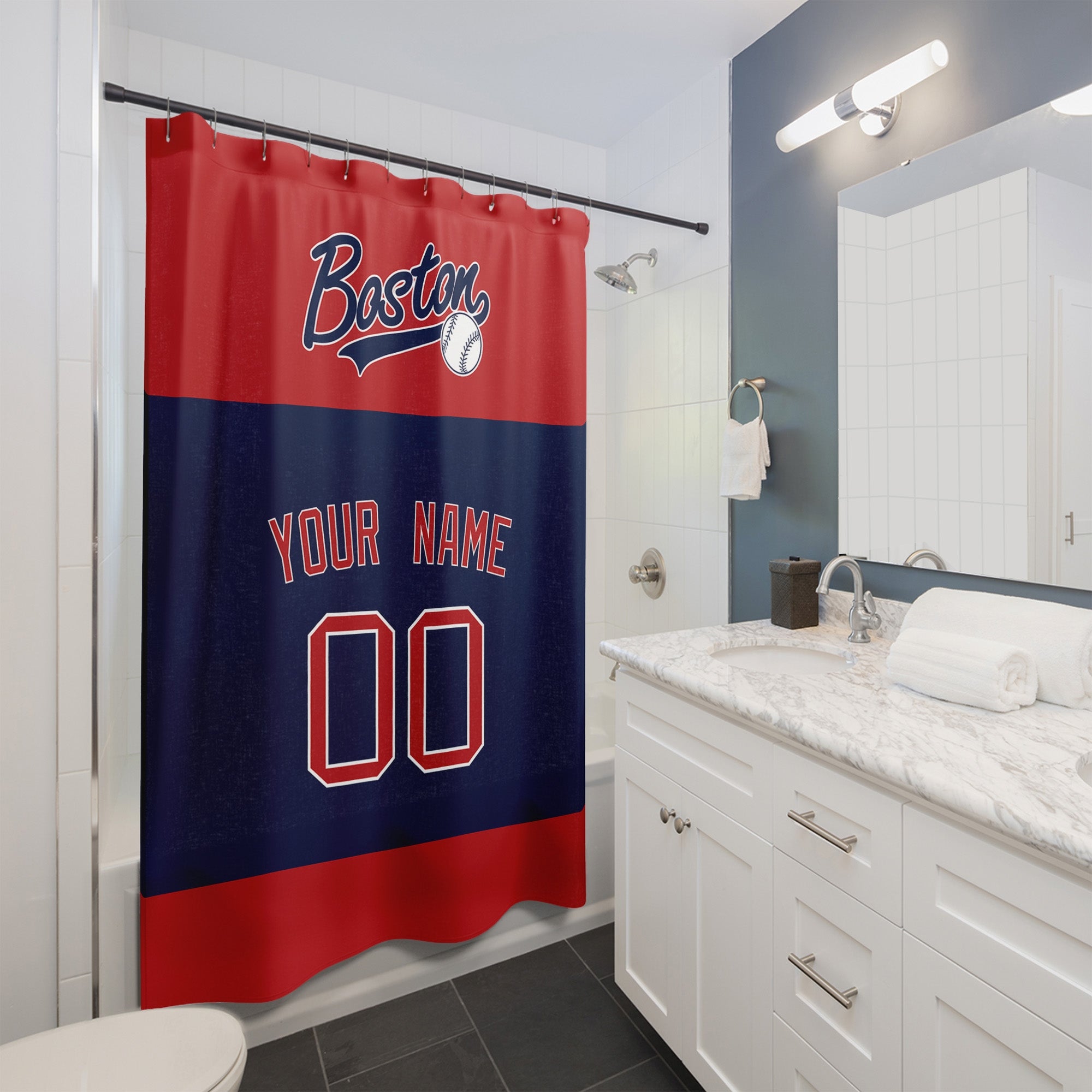 Personalized Boston baseball shower curtain in red navy and white hanging in a modern bathroom with custom name and number