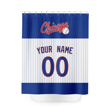 Personalized Chicago Blue baseball shower curtain in royal blue white and red with custom name and number on white background