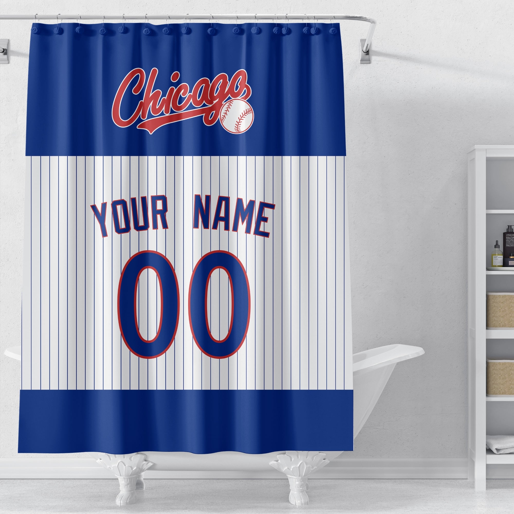 Personalized Chicago Blue baseball shower curtain in royal blue white and red displayed above a bathtub in a bright bathroom