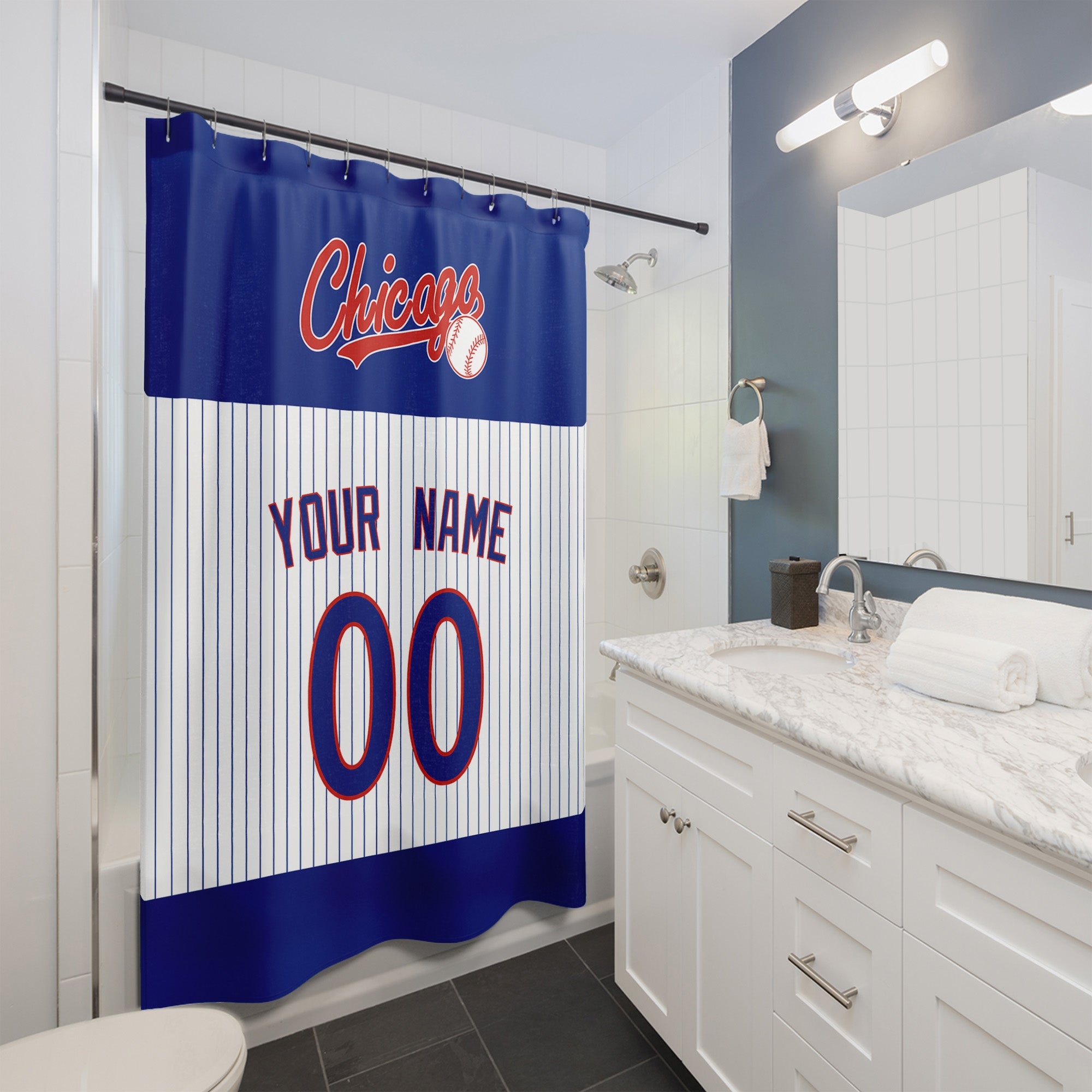 Personalized Chicago Blue baseball shower curtain in royal blue white and red hanging in a modern bathroom with custom name and number