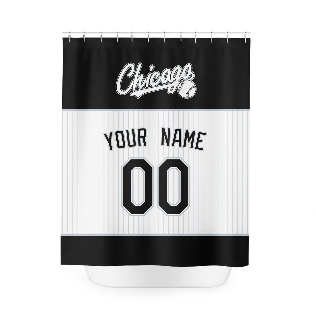 Personalized Chicago Black baseball shower curtain in black white and gray with custom name and number on white background