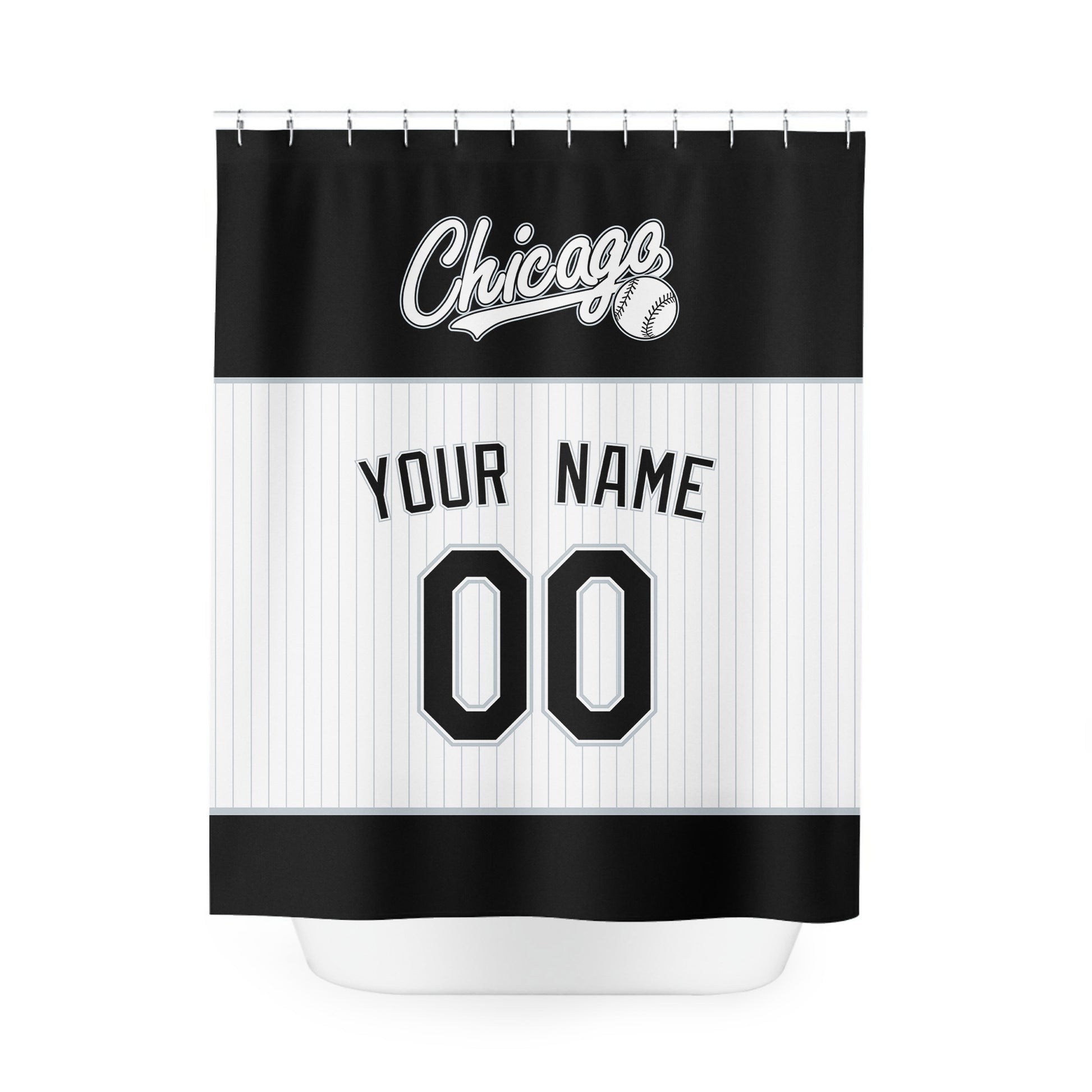Personalized Chicago Black baseball shower curtain in black white and gray with custom name and number on white background