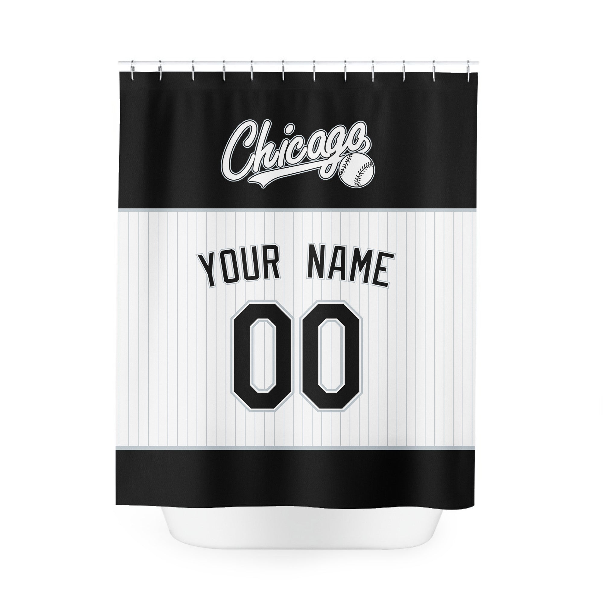 Personalized Chicago Black baseball shower curtain in black white and gray with custom name and number on white background