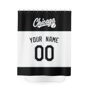 Personalized Chicago Black baseball shower curtain in black white and gray with custom name and number on white background