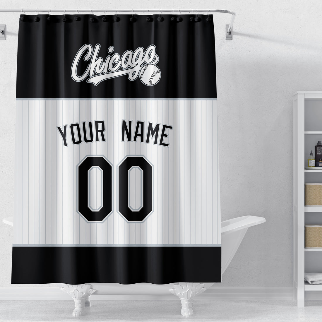Personalized Chicago Black baseball shower curtain in black white and gray with custom name and number on white background