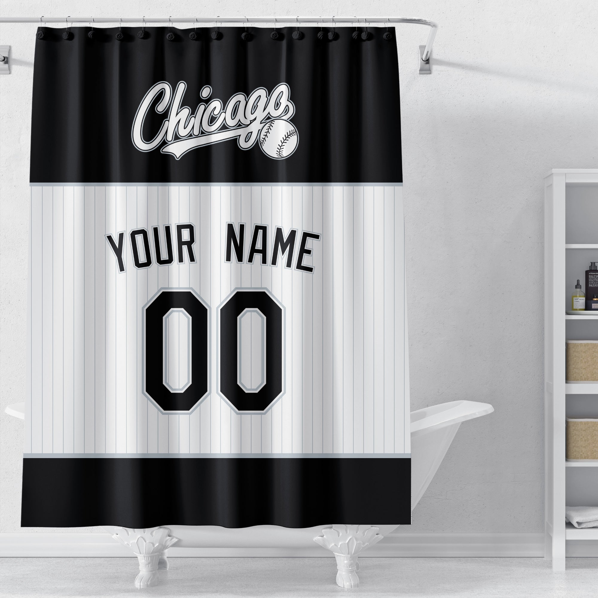 Personalized Chicago Black baseball shower curtain in black white and gray displayed above a bathtub in a bright bathroom