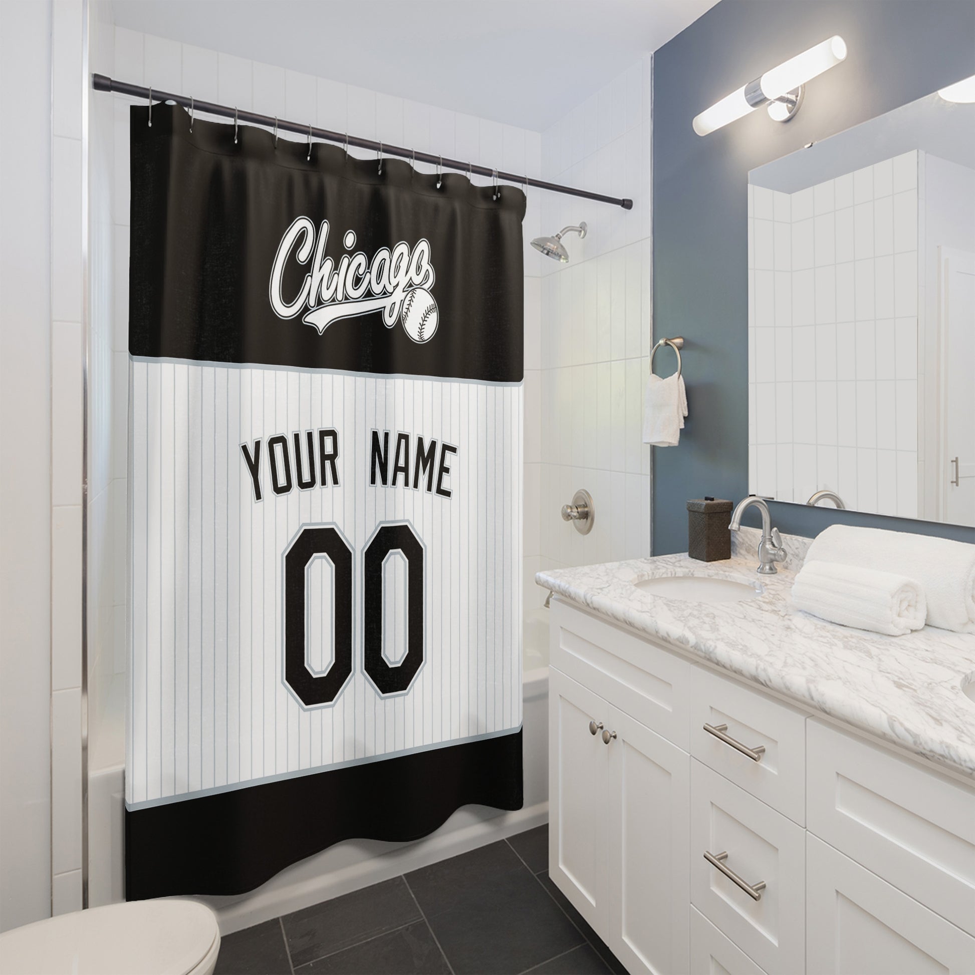 Personalized Chicago Black baseball shower curtain in black white and gray hanging in a modern bathroom with custom name and number