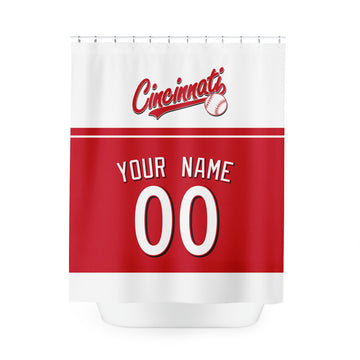 Personalized Cincinnati baseball shower curtain in red white and black with custom name and number on white background