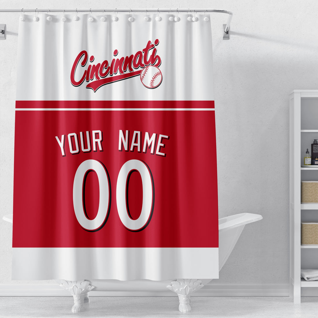 Personalized Cincinnati baseball shower curtain in red white and black with custom name and number on white background